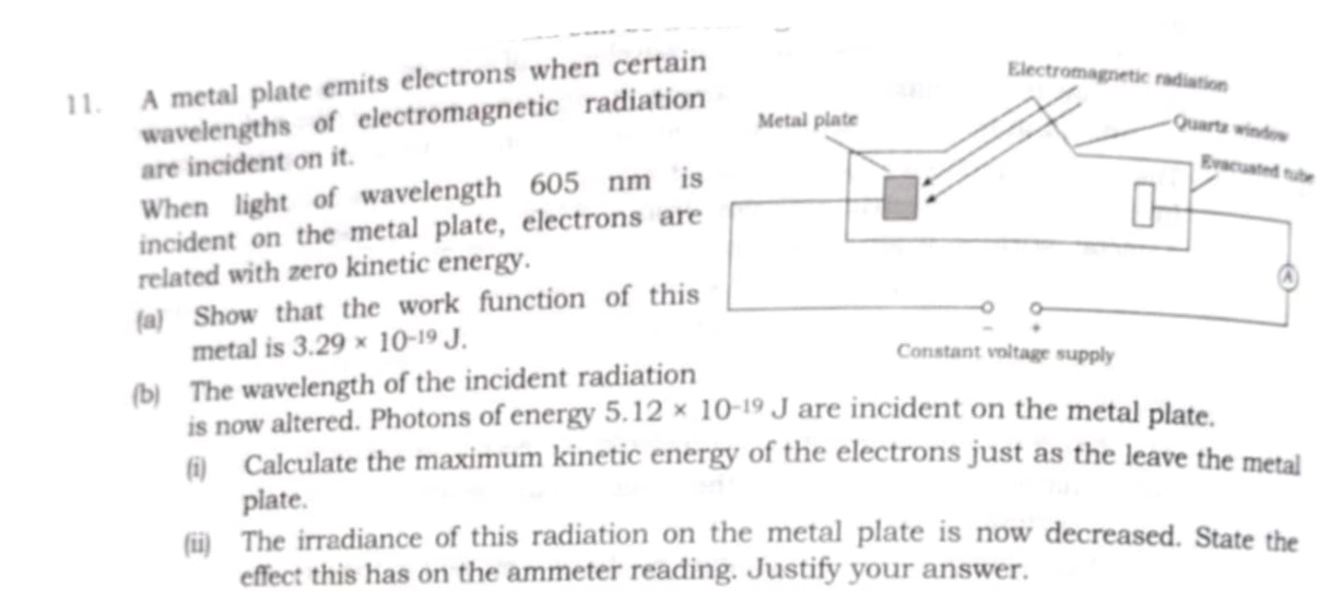 11. A metal plate emits electrons when certain wavelengths of electrom