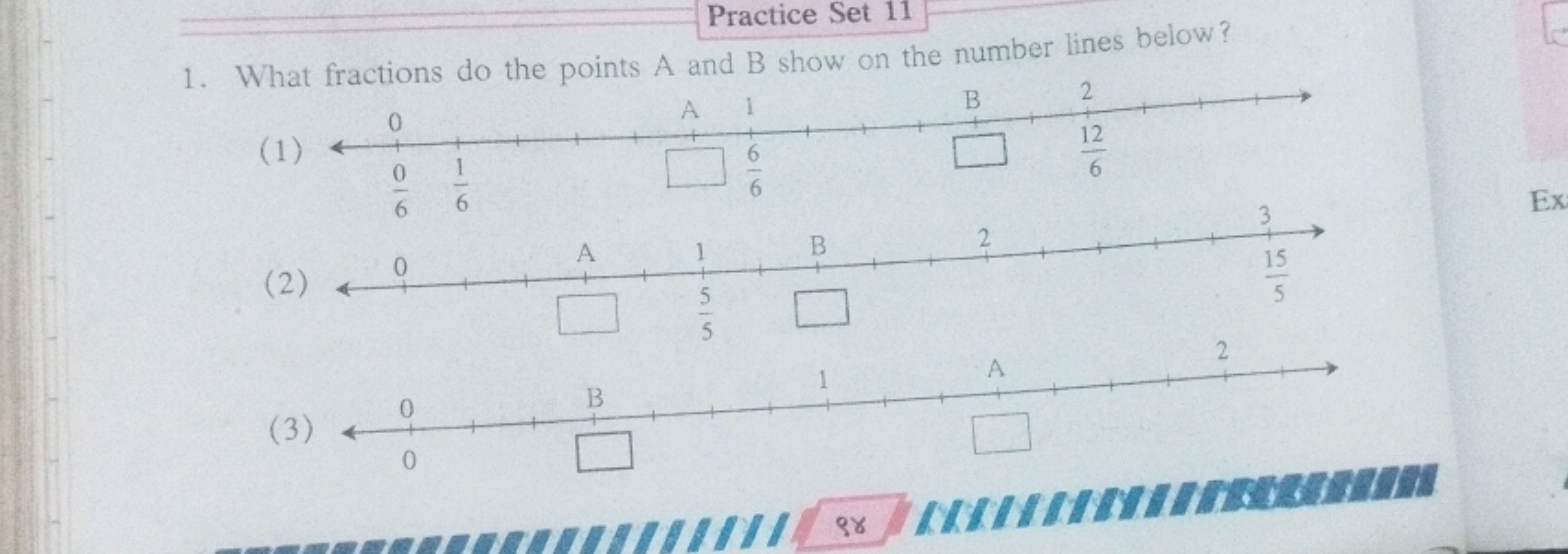 Practice Set 11
1. What fractions do the points A and B show on the nu