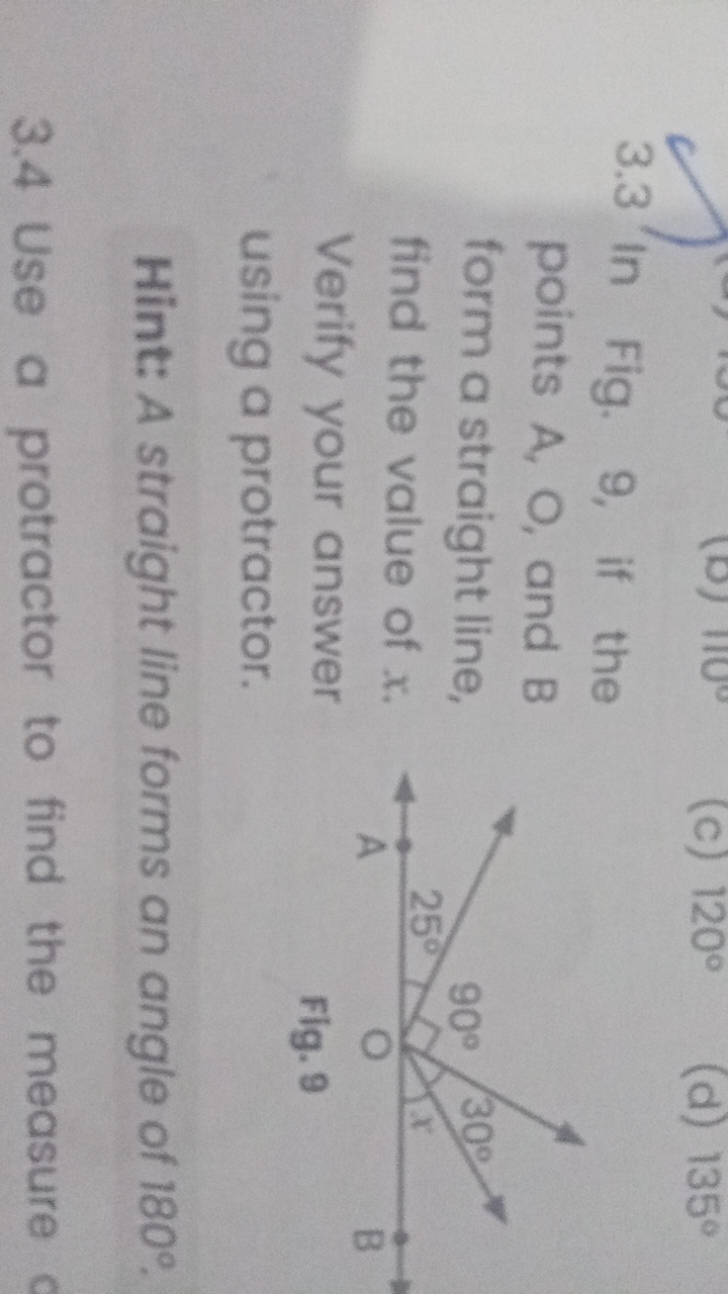 3.3 In Fig. 9, if the points A,O, and B form a straight line, find the