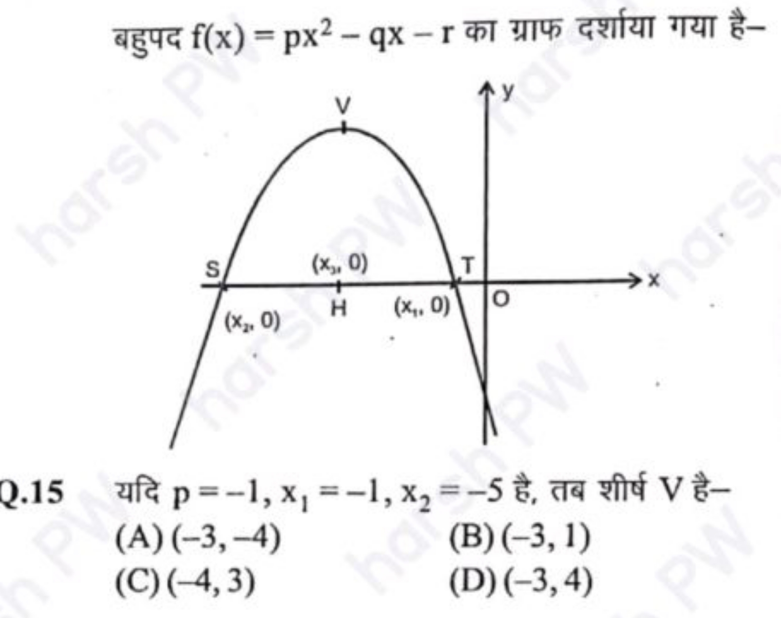 बहुपद f(x)=px2−qx−r का ग्राफ दर्शाया गया है-
Q. 15 यदि p=−1,x1​=−1,x2​