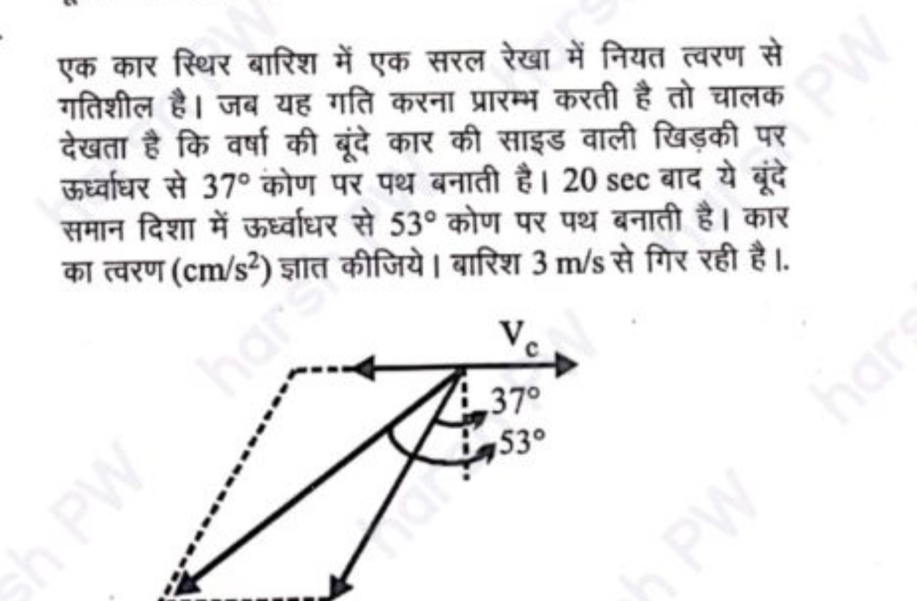 एक कार स्थिर बारिश में एक सरल रेखा में नियत त्वरण से गतिशील है। जब यह 