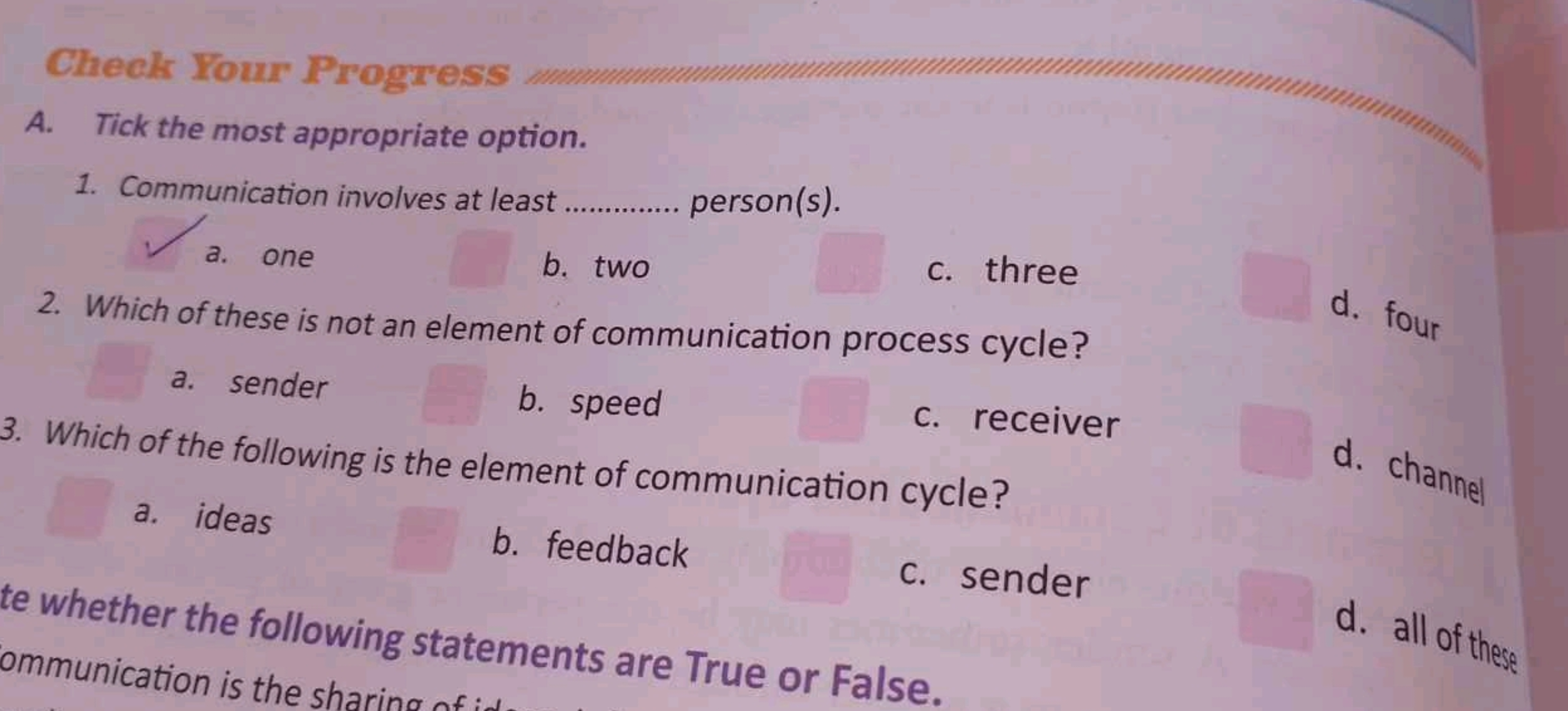 Cheok Your Progress
A. Tick the most appropriate option.
1. Communicat