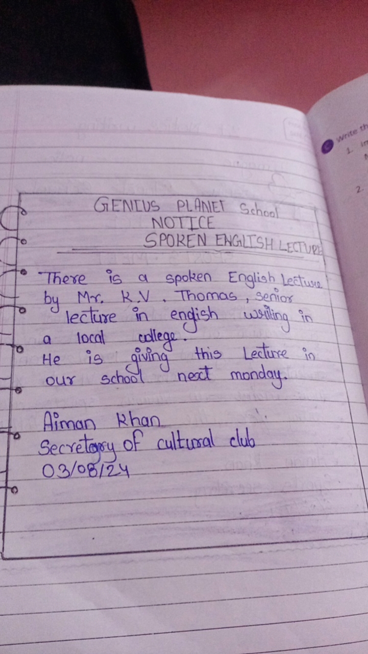 GENIUS PLANEE School NOTICE
SPOKEN ENGLISH LECTURE
There is a spoken E