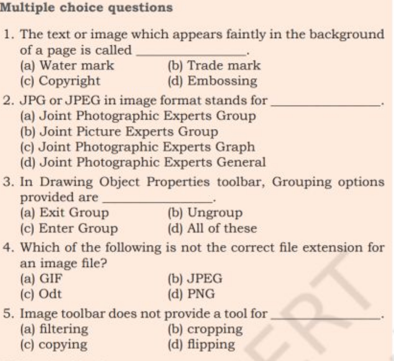 Multiple choice questions
1. The text or image which appears faintly i