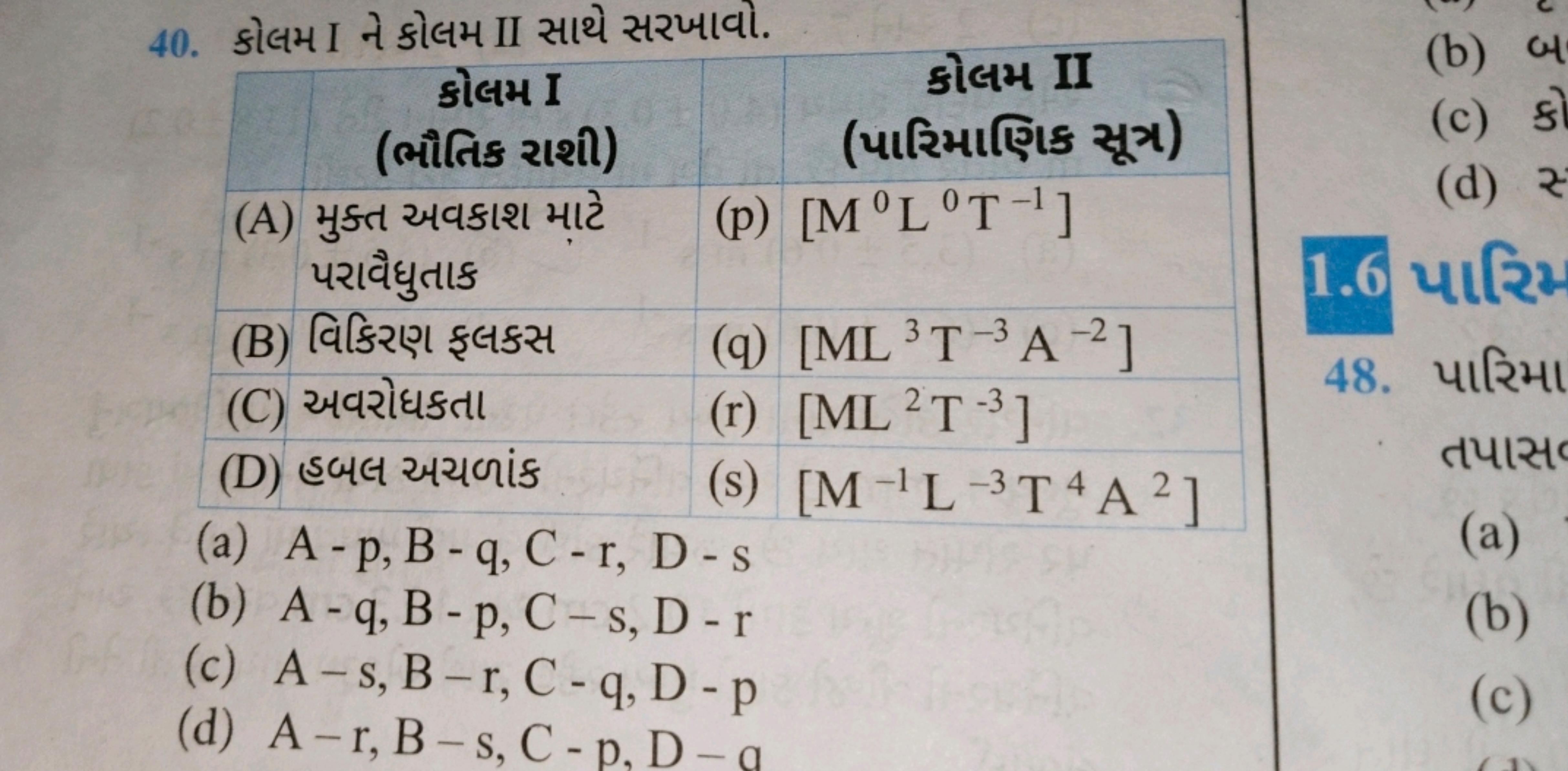 40. કોલમ I ને કોલમ II સાથે સરખાવો.
\begin{tabular}{c} 
કોલમ I(ભૌતિક રા