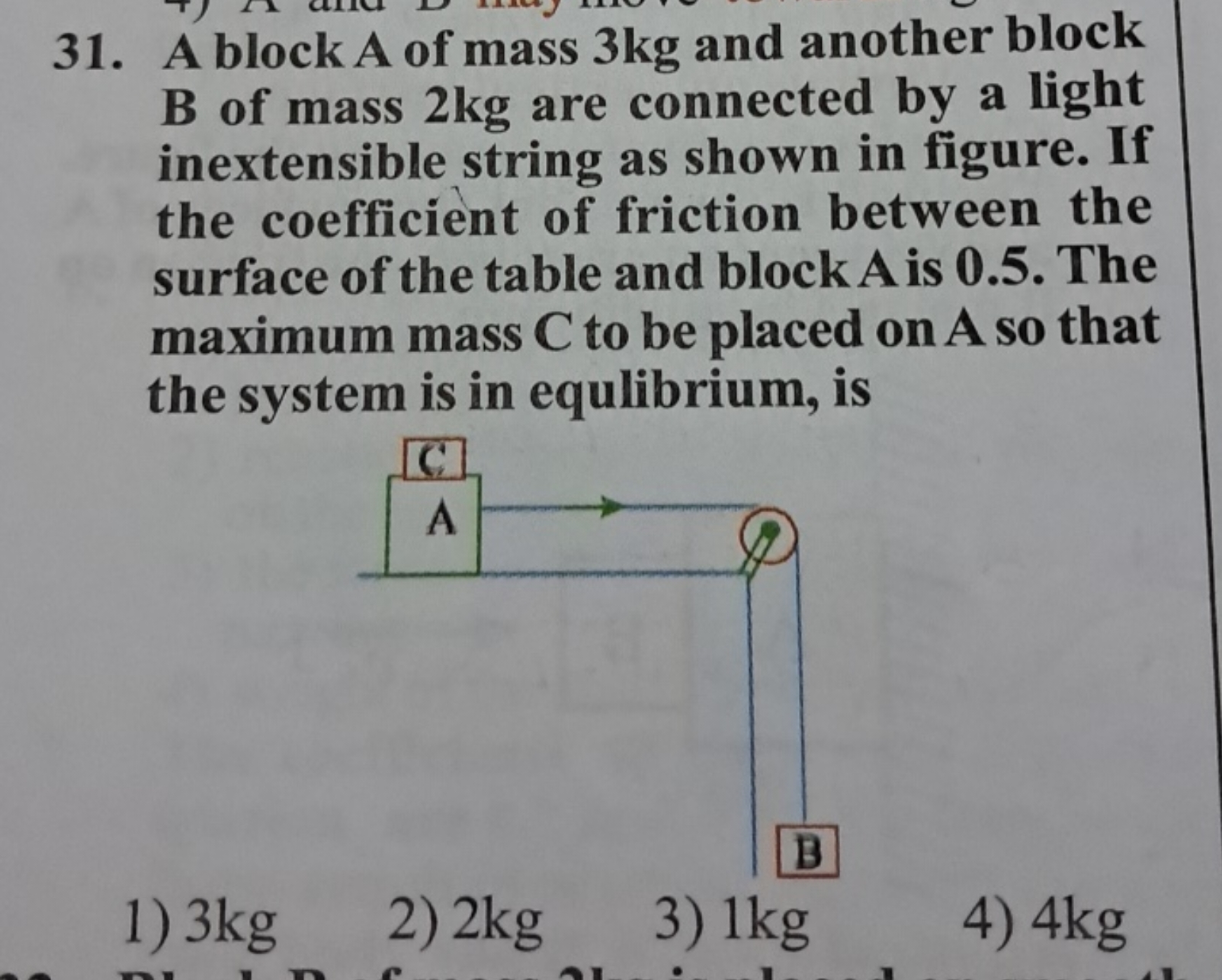 31. A block A of mass 3 kg and another block B of mass 2 kg are connec