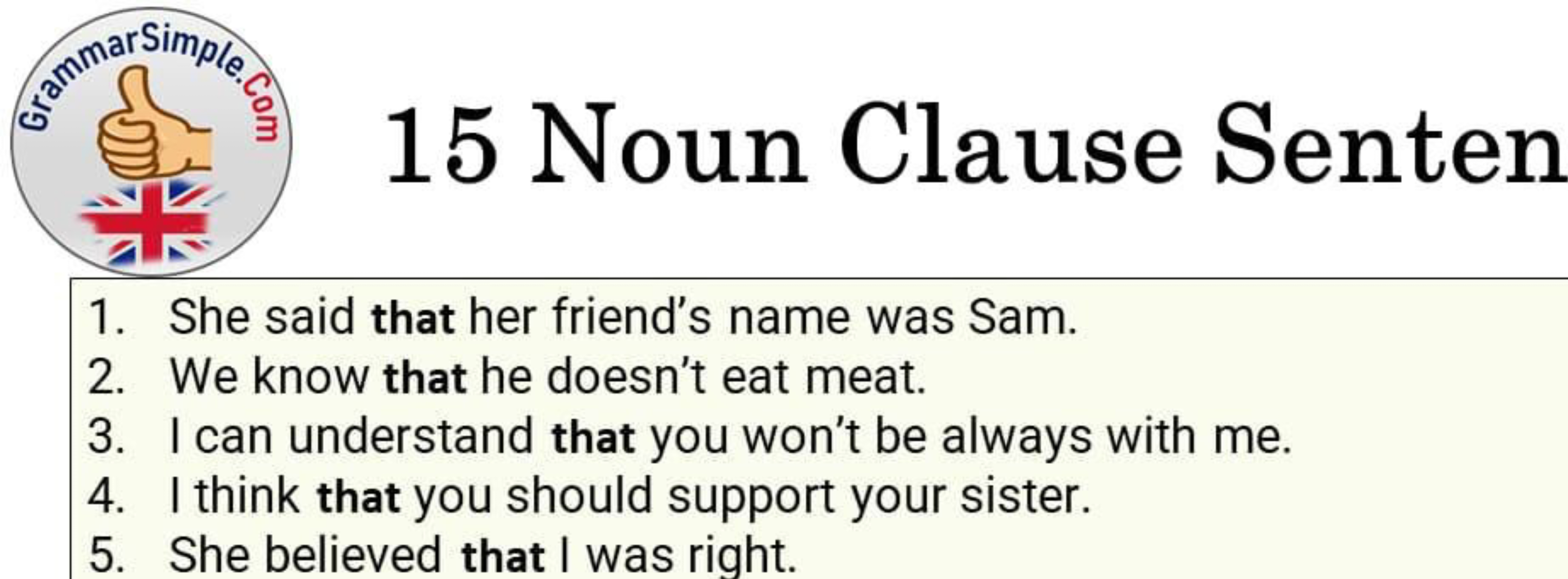 15 Noun Clause Senten
1. She said that her friend's name was Sam.
2. W