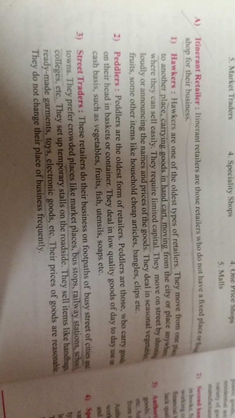 5. Market Traders
4. Speciality Shops
4. One Price Shops
5. Malls
A) I