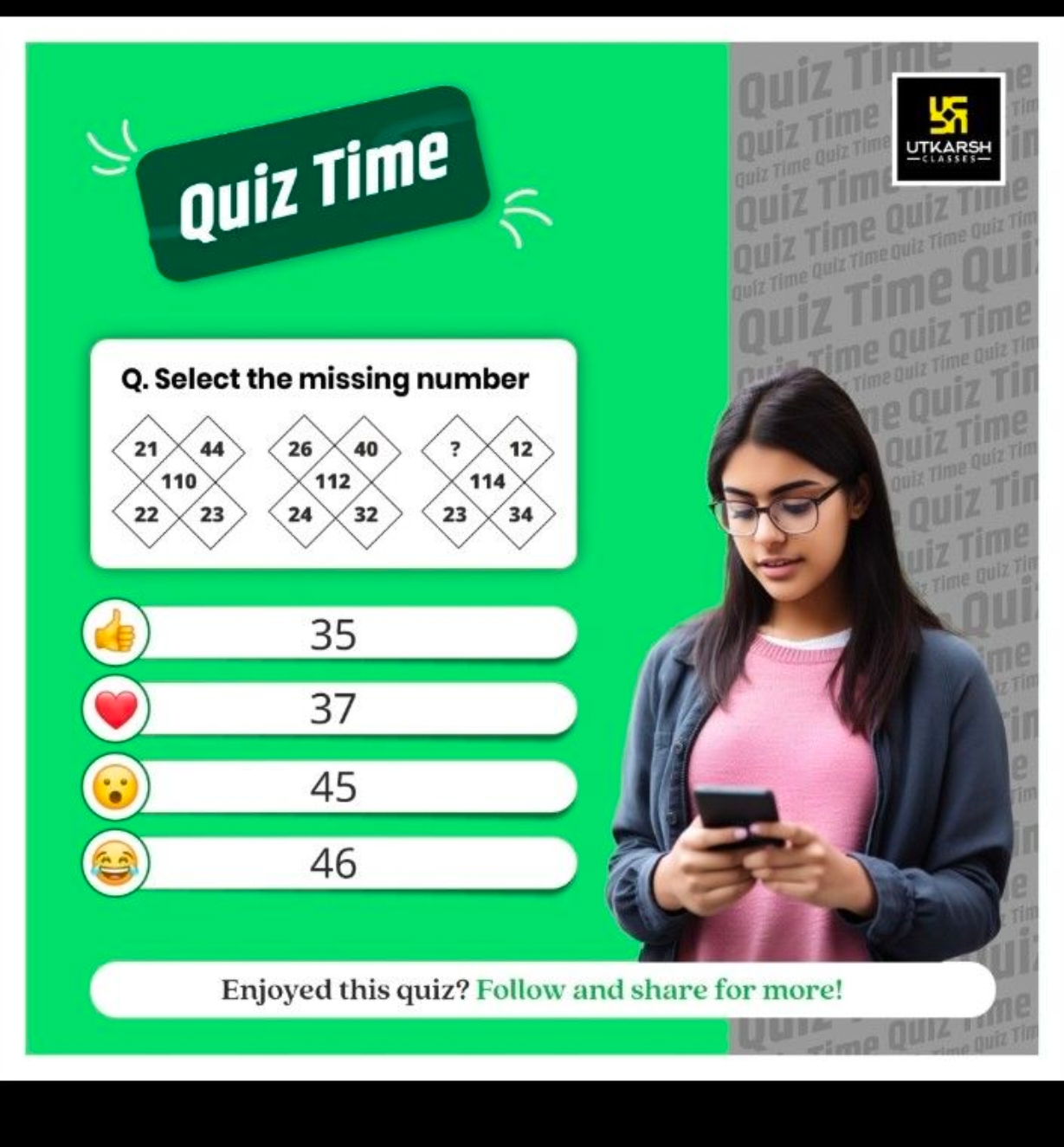 Quiz Time
Q. Select the missing number

Enjoyed this quiz? Follow and 