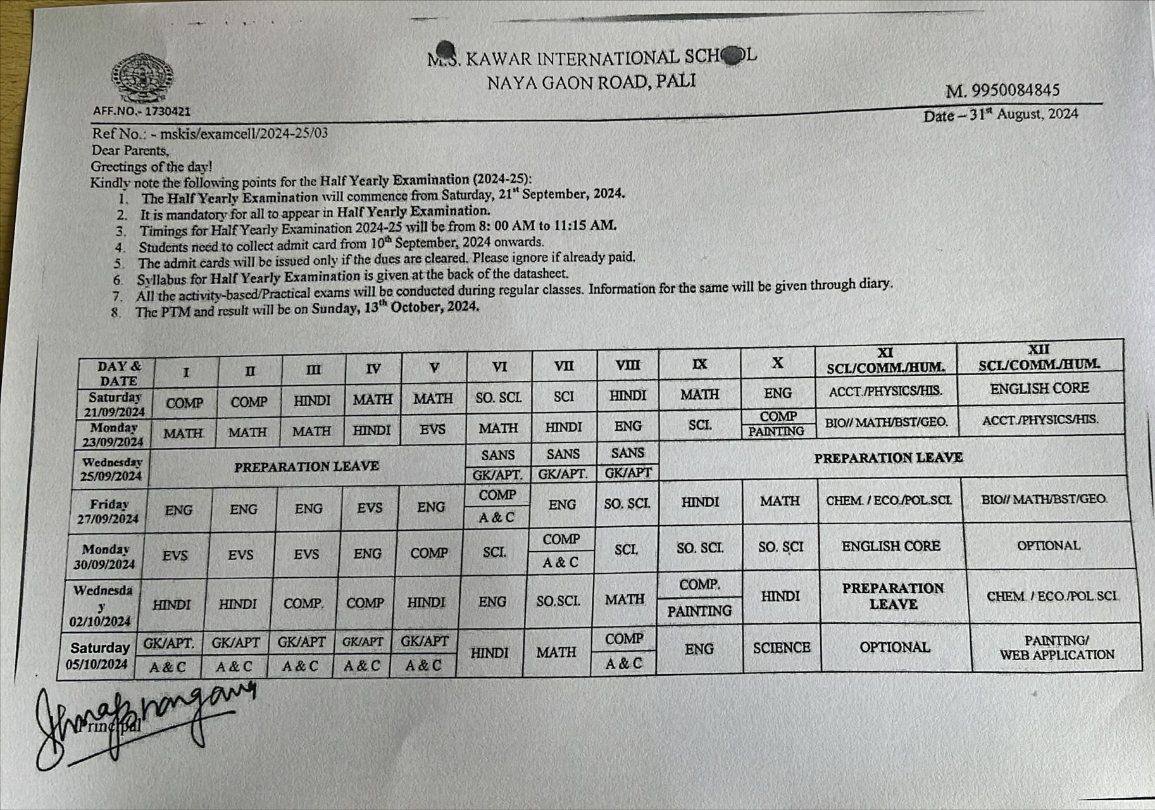 M.S. KAWAR INTERNATIONAL SCHOL
NAYA GAON ROAD, PALI
AFF.NO.- 1730421
R