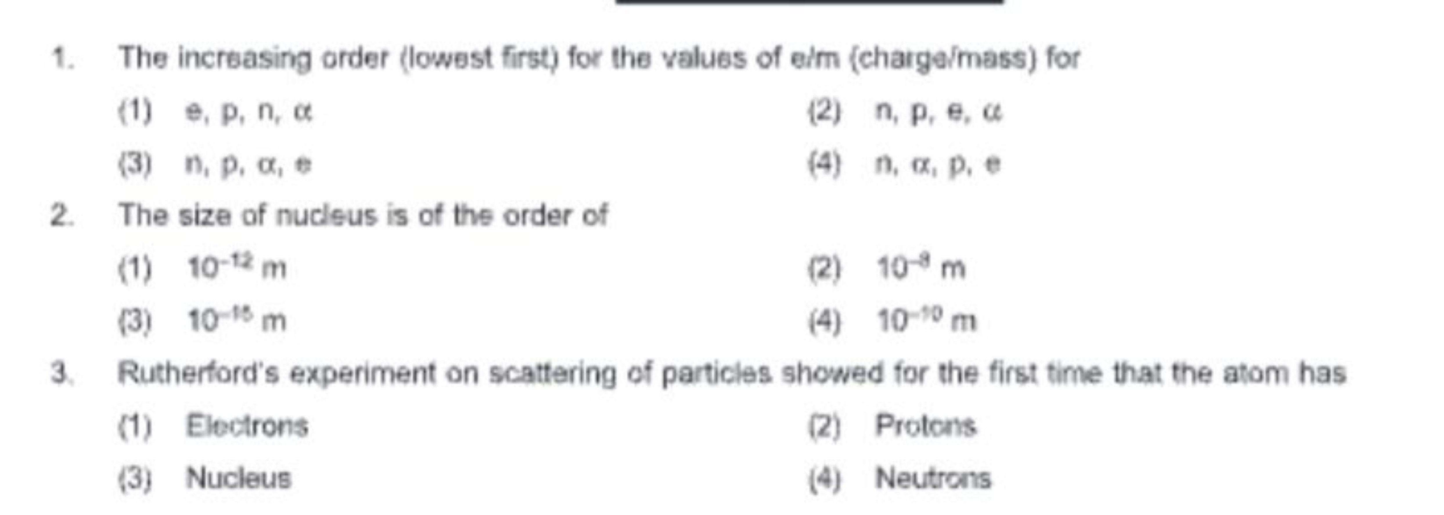 1. The increasing order (lowest first) for the values of eim (chargeim