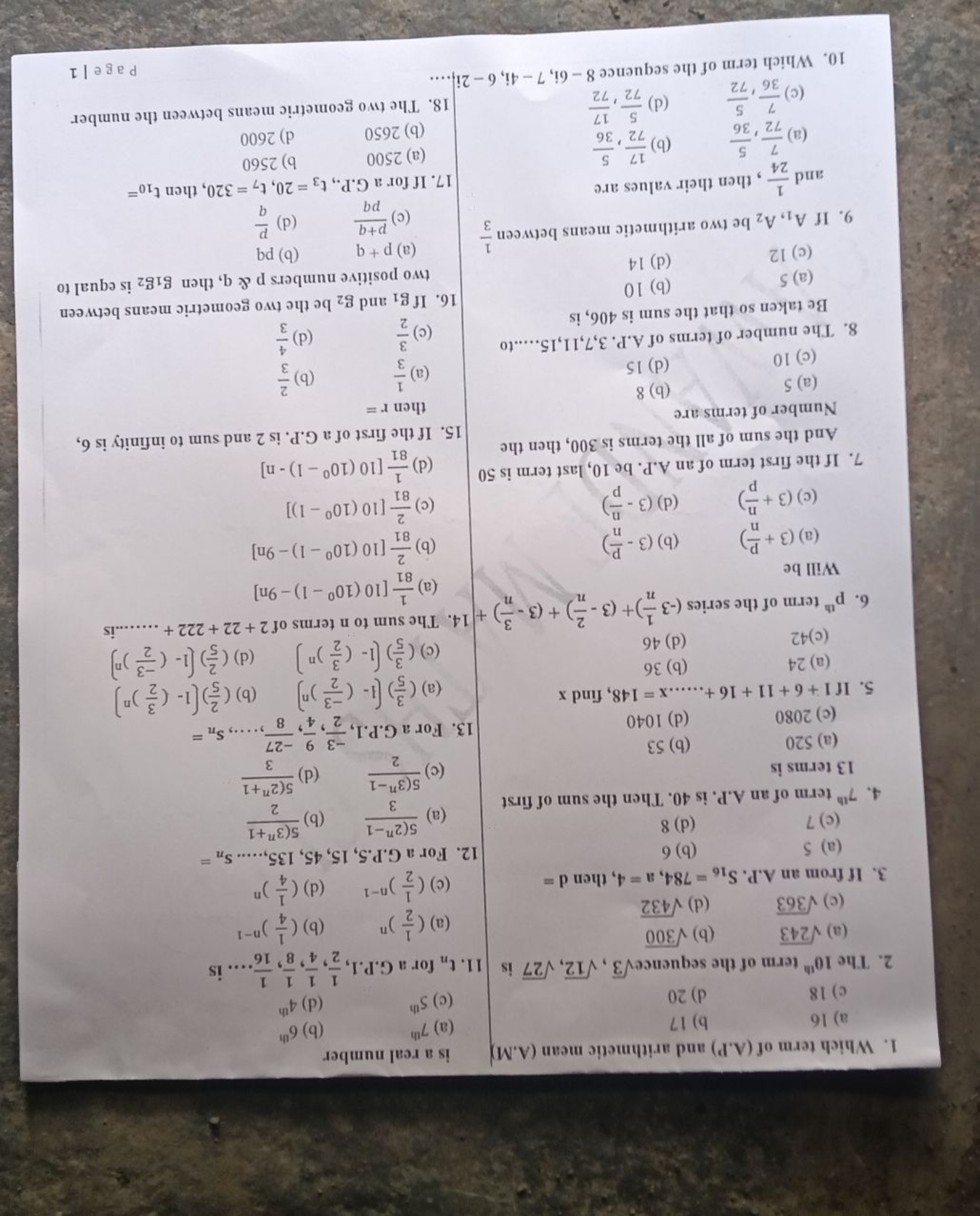 1. Which term of (A.P) and arithmetic mean (A.M)
a) 16
b) 17
c) 18
d) 