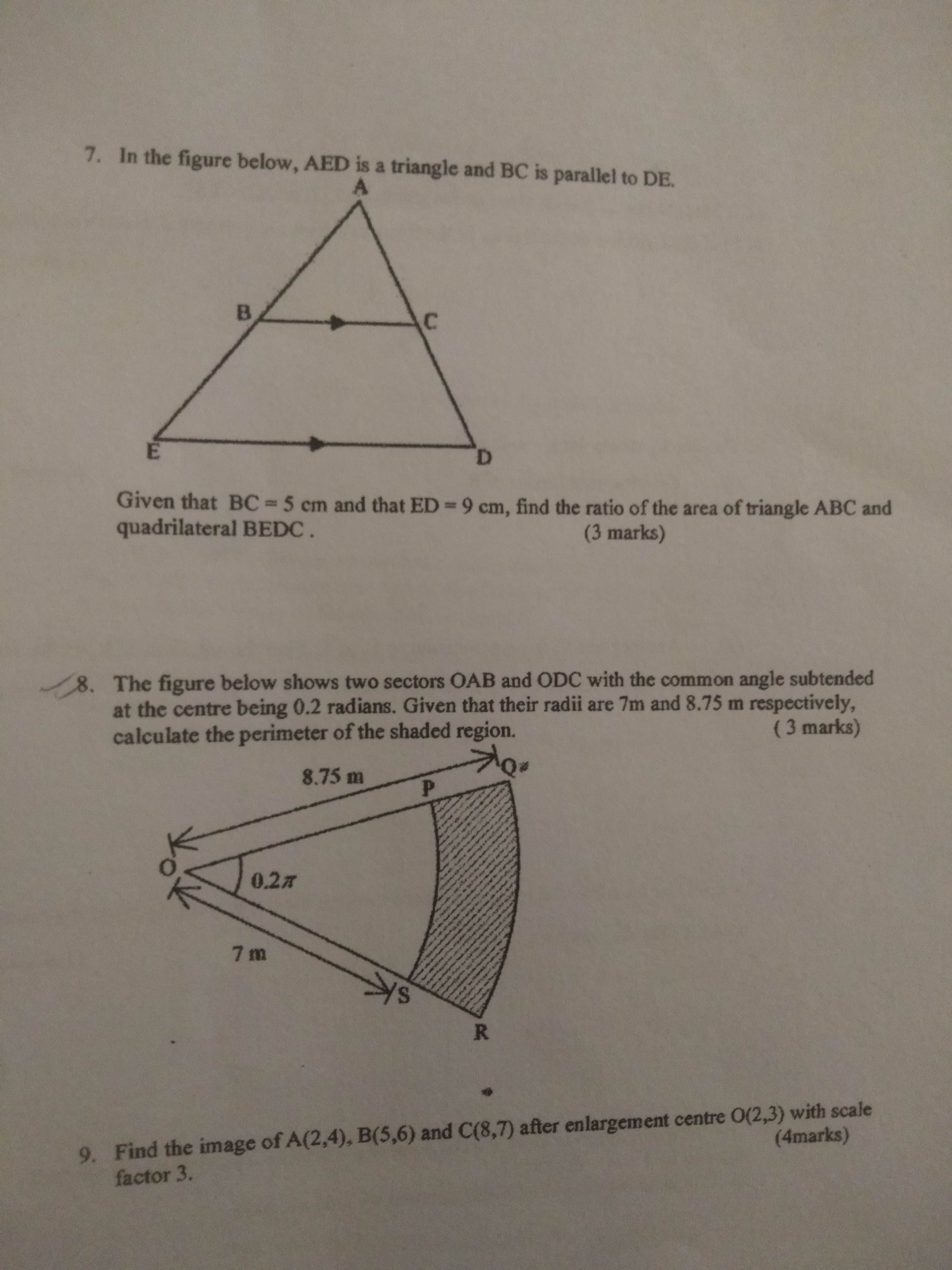 7. In the figure below, AED is a triangle and BC is parallel to DE .

