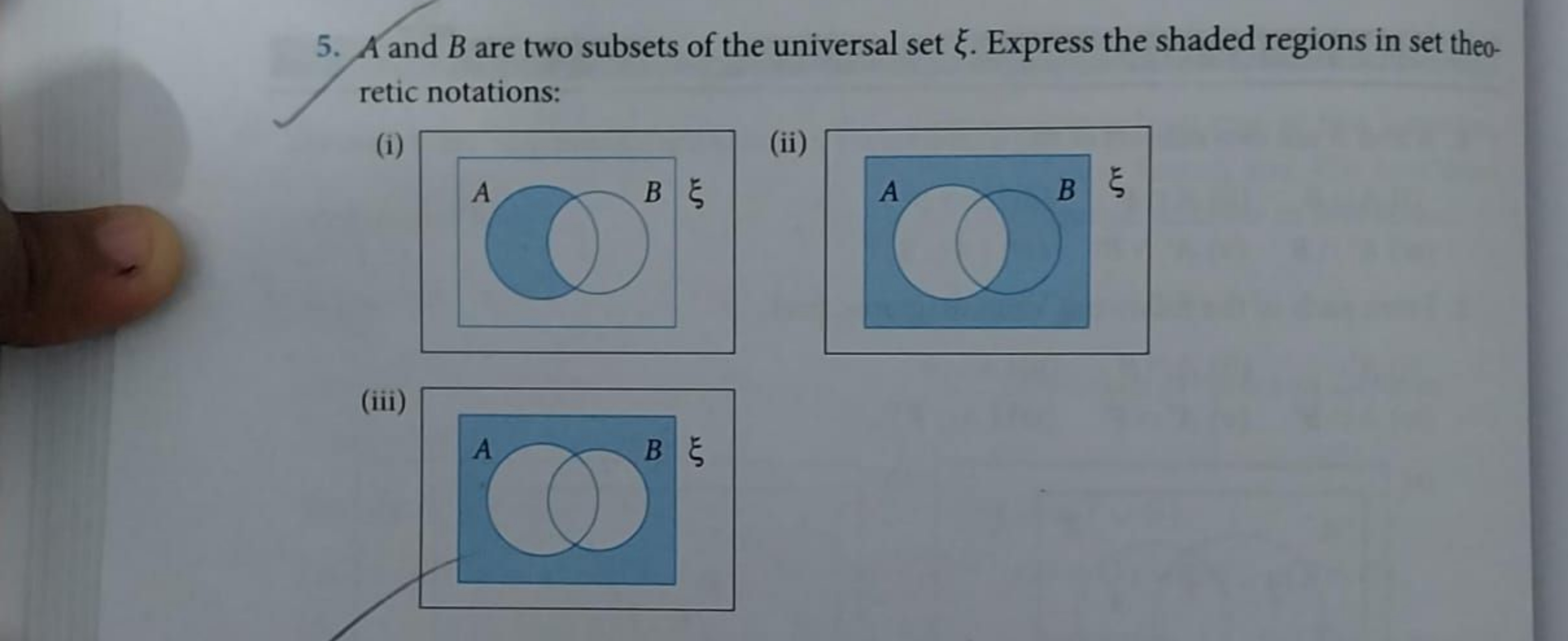 5. A and B are two subsets of the universal set ξ. Express the shaded 