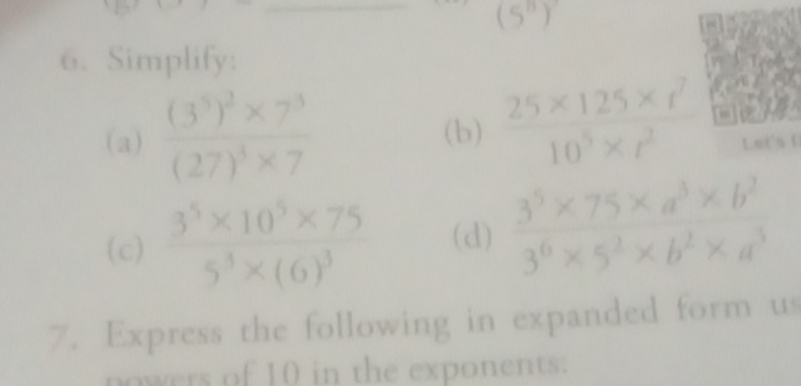 6. Simplify:
(35)2x
(b) 105×t225×125×t7​
(c) 53×(6)335×105×75​
(d) 35×