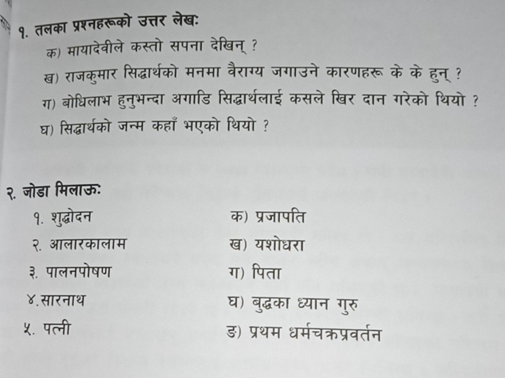 १. तलका प्रश्नहरूको उत्तर लेख:

क) मायादेवीले कस्तो सपना देखिन् ?
ख) र