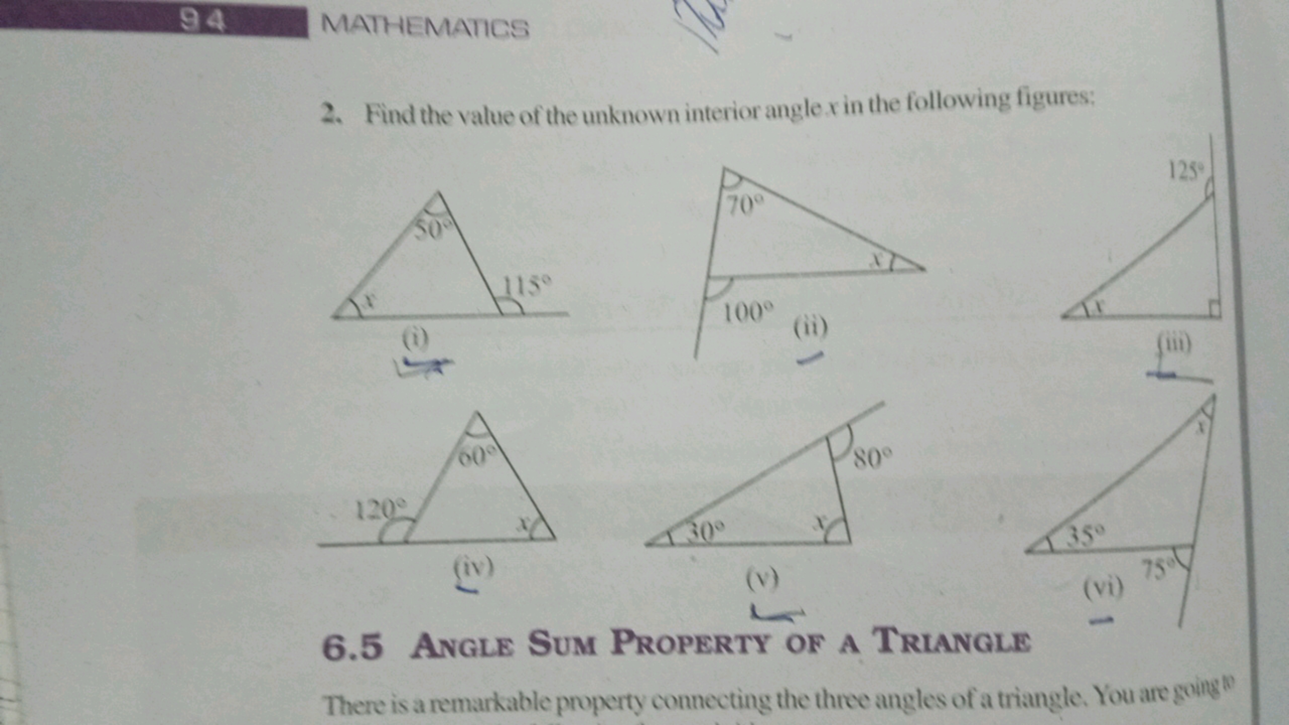 94
MATHEMATCS
2. Find the value of the unknown interior angle x in the