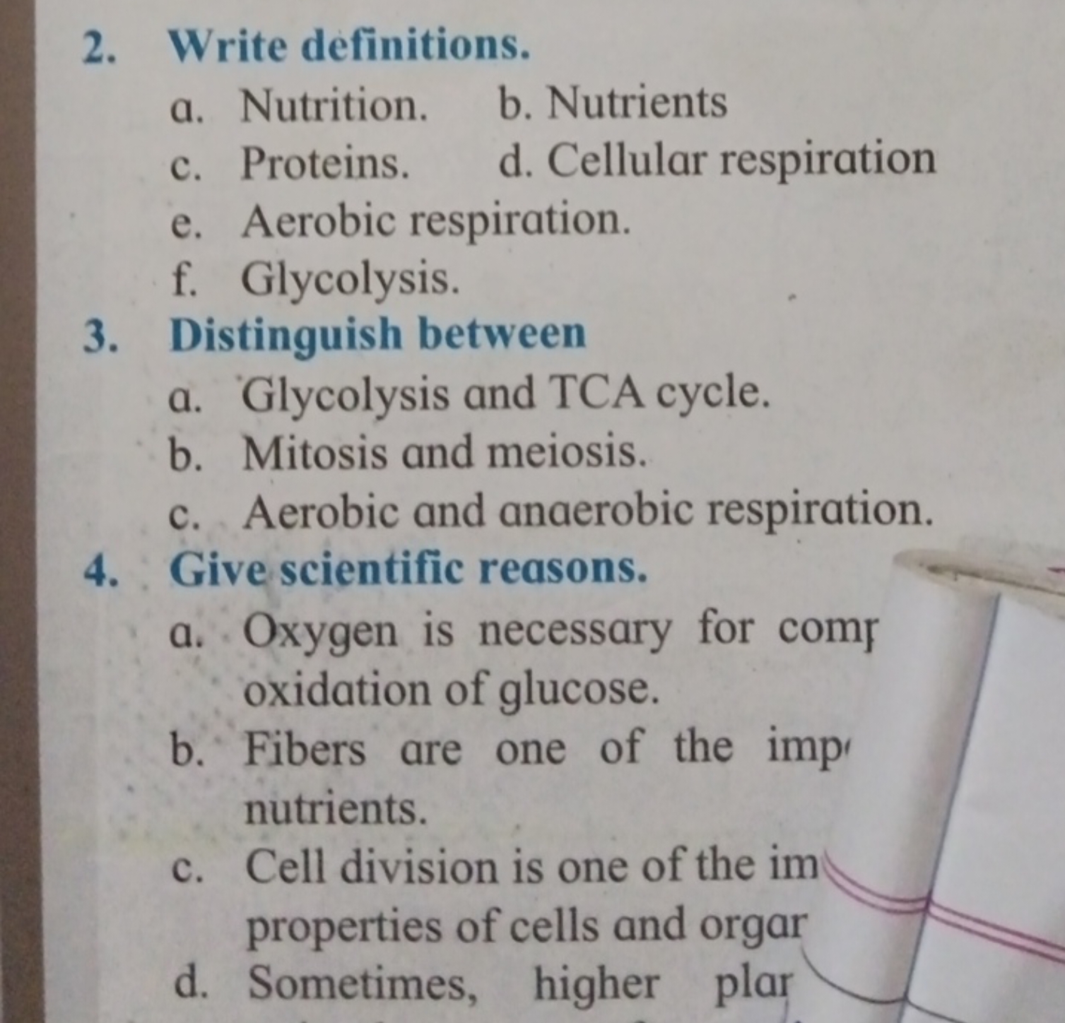 2. Write definitions.
a. Nutrition.
b. Nutrients
c. Proteins.
d. Cellu