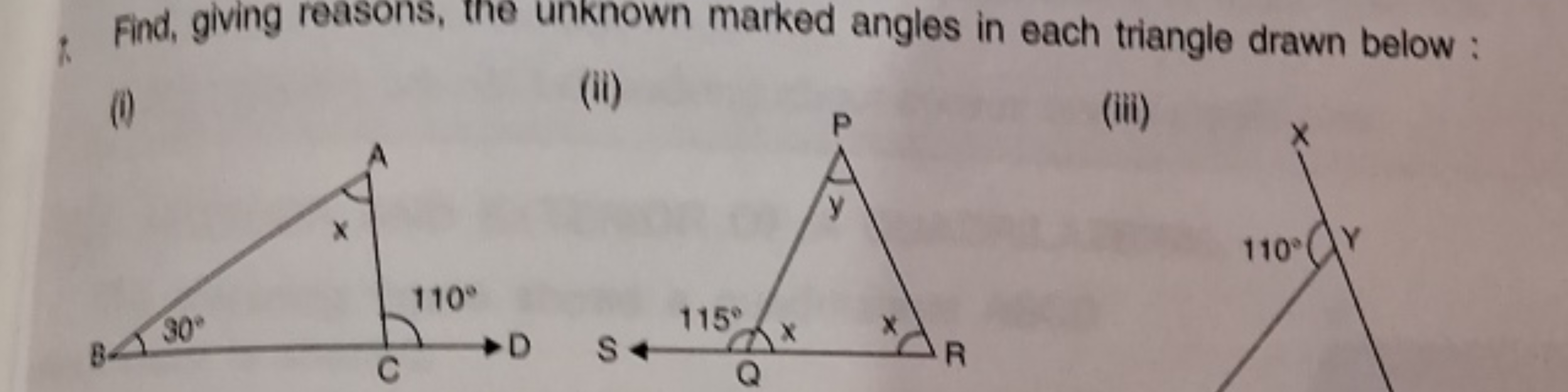 Find, giving reasons, the unknown marked angles in each triangle drawn