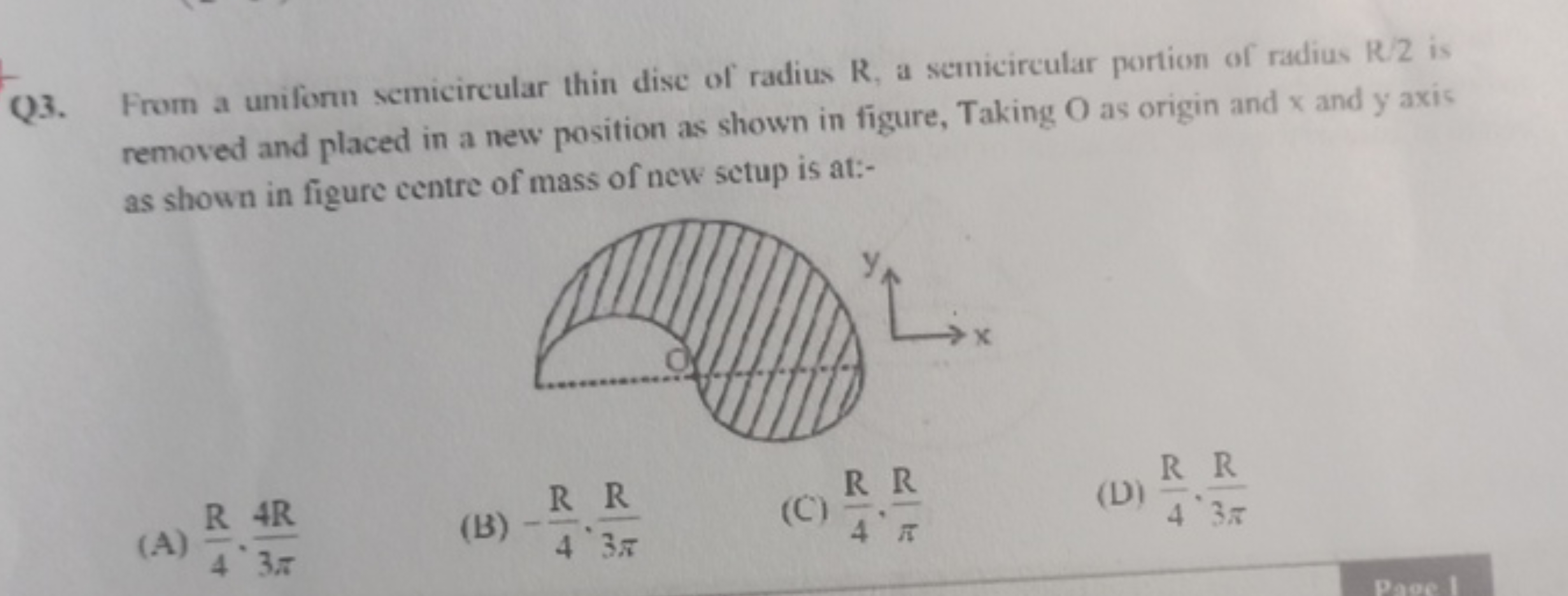 Q3. From a uniforn semicircular thin dise of radius R, a semicircular 