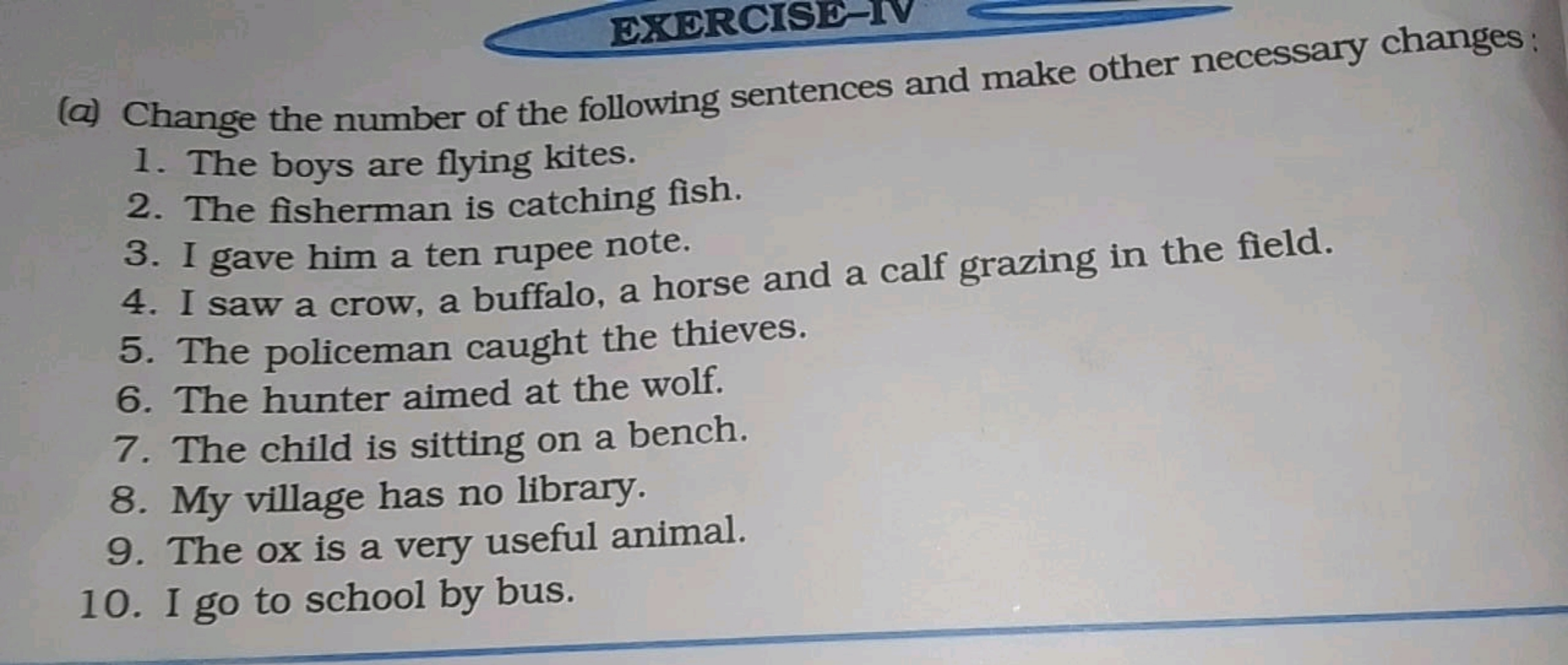 EXERCISE-IV
(a) Change the number of the following sentences and make 