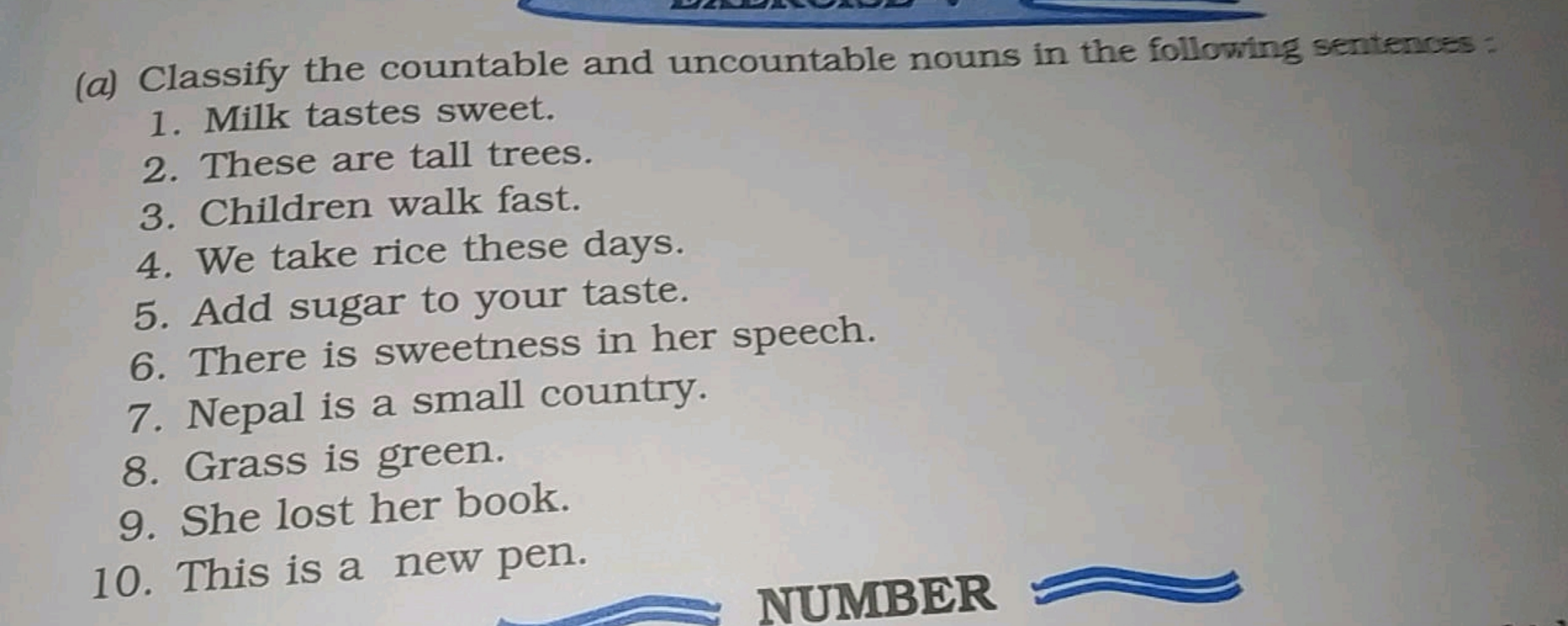 (a) Classify the countable and uncountable nouns in the following sent