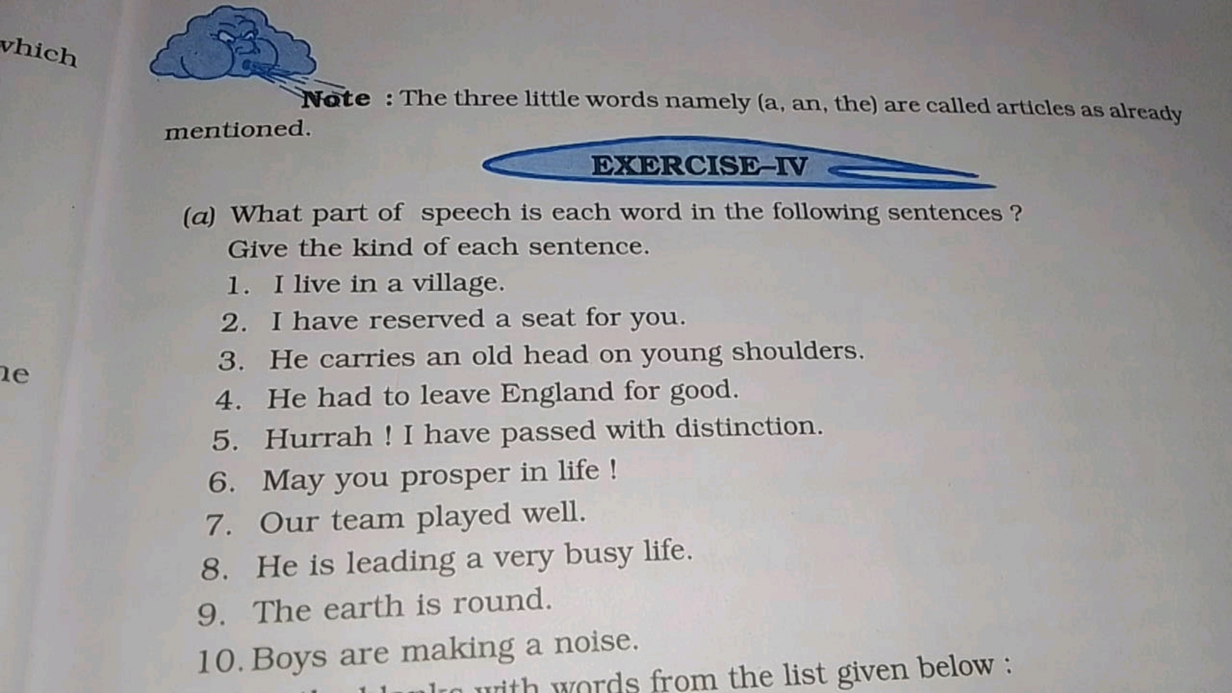 vhich
mentioned.

EXERCISE-IV
(a) What part of speech is each word in 