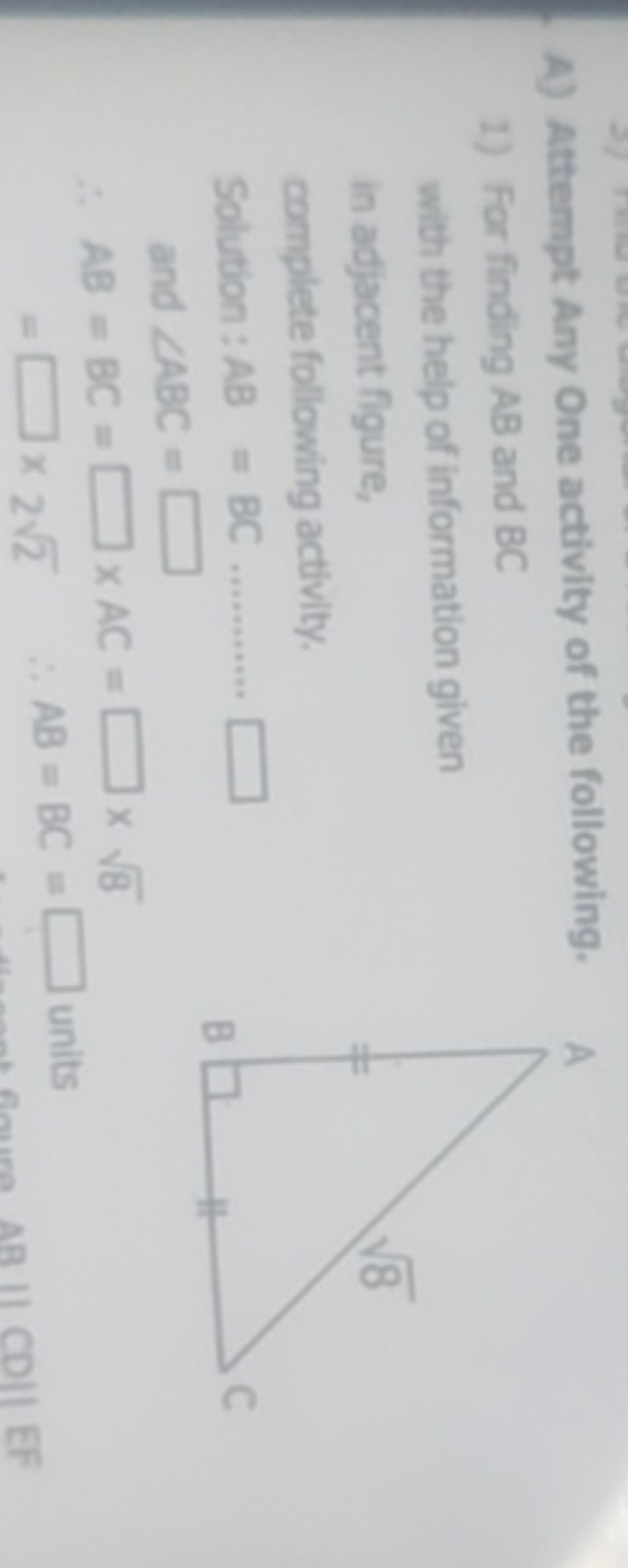 A) Attempt Any One activity of the following.
1) For finding AB and BC