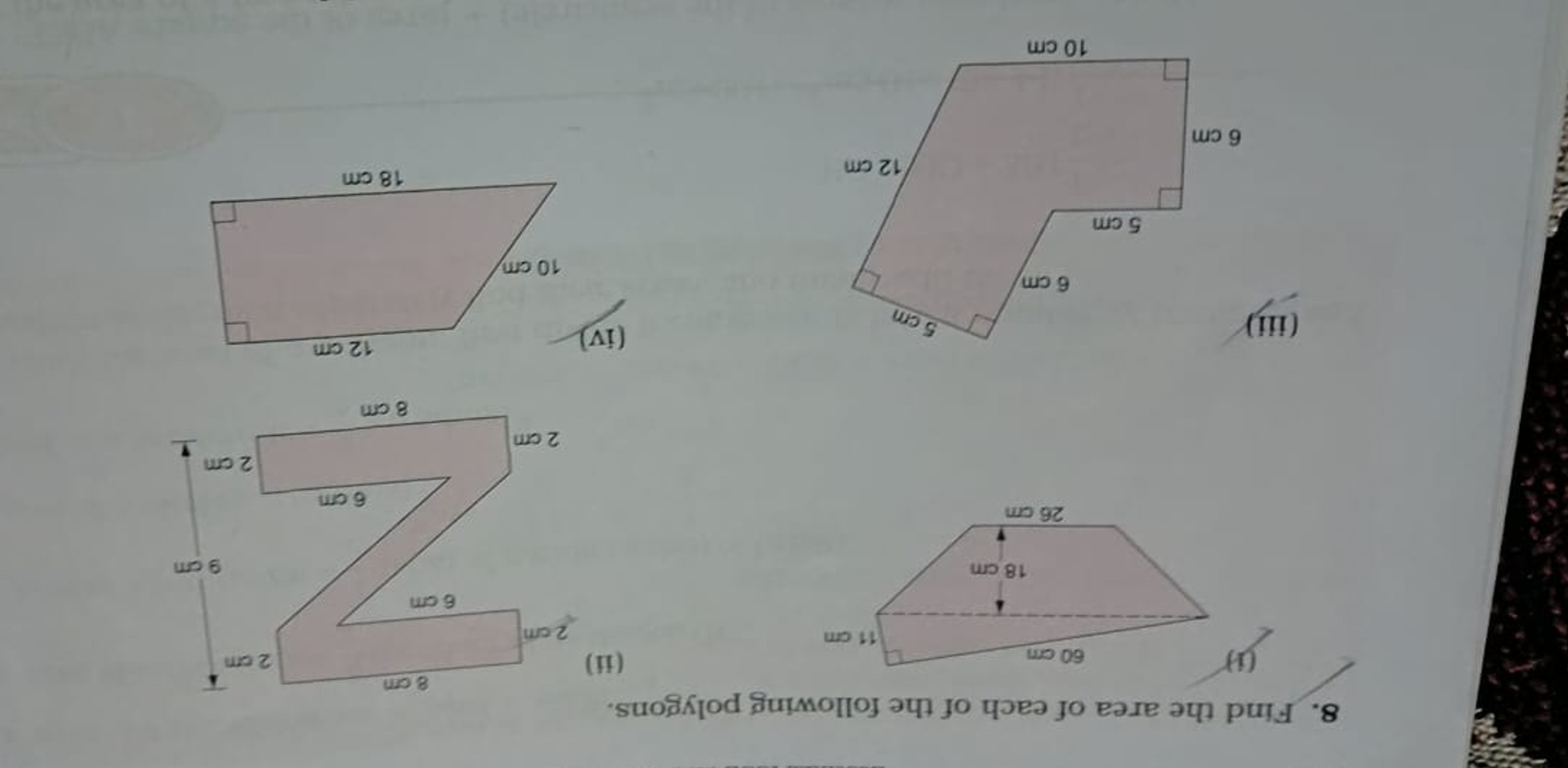 8. Find the area of each of the following polygons.
(i)
(ii)
(iii)
(iv