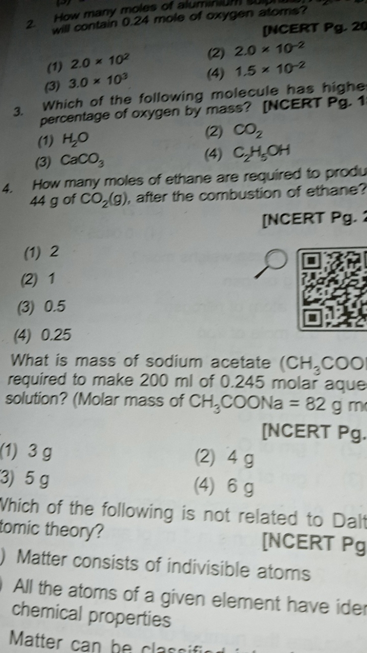 2 How many moles of ale of oxygen atoms?
NCERT Pg. 20
(1) 2.0×102
(2) 