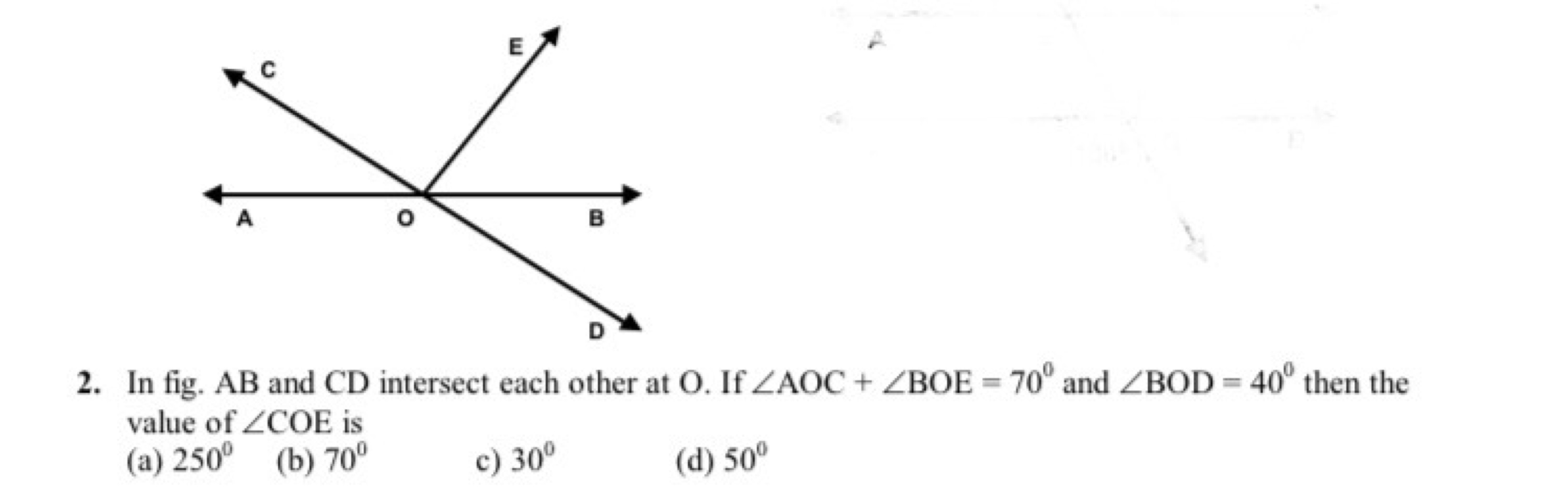 2. In fig. AB and CD intersect each other at O . If ∠AOC+∠BOE=70∘ and 