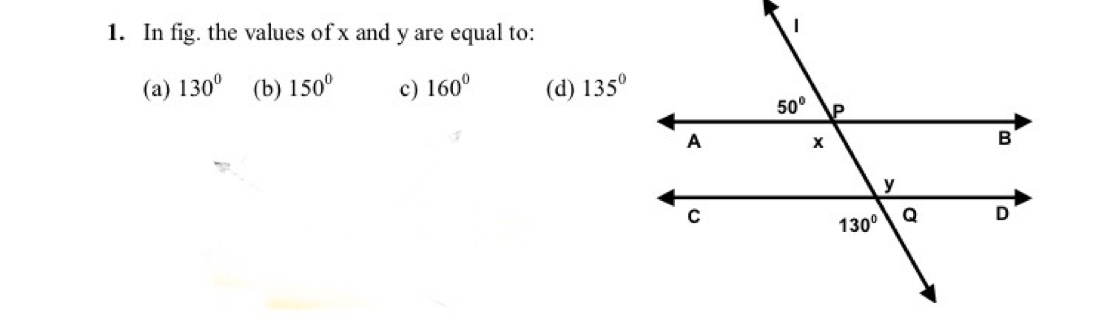 1. In fig. the values of x and y are equal to:
(a) 130∘
(b) 150∘
c) 16