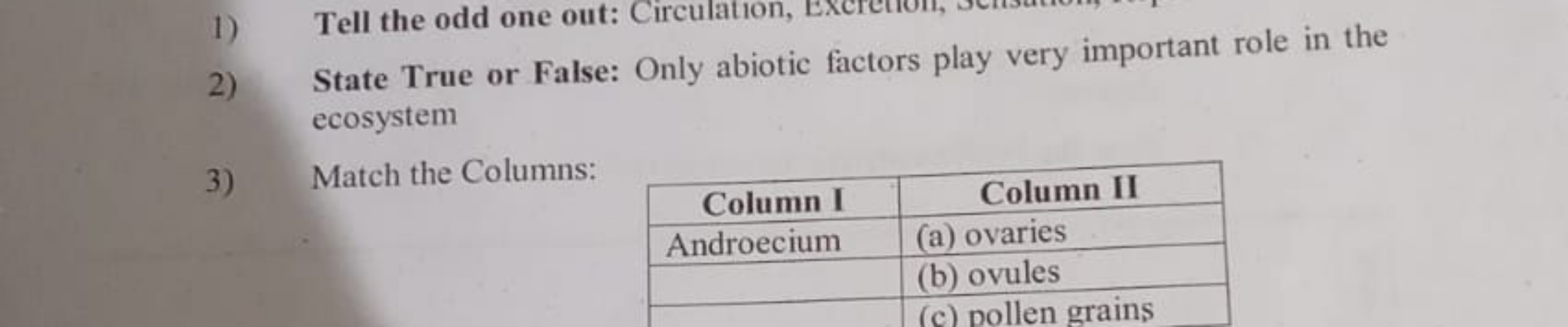 1) Tell the odd one out: Circulation, Excretion,
2) State True or Fals