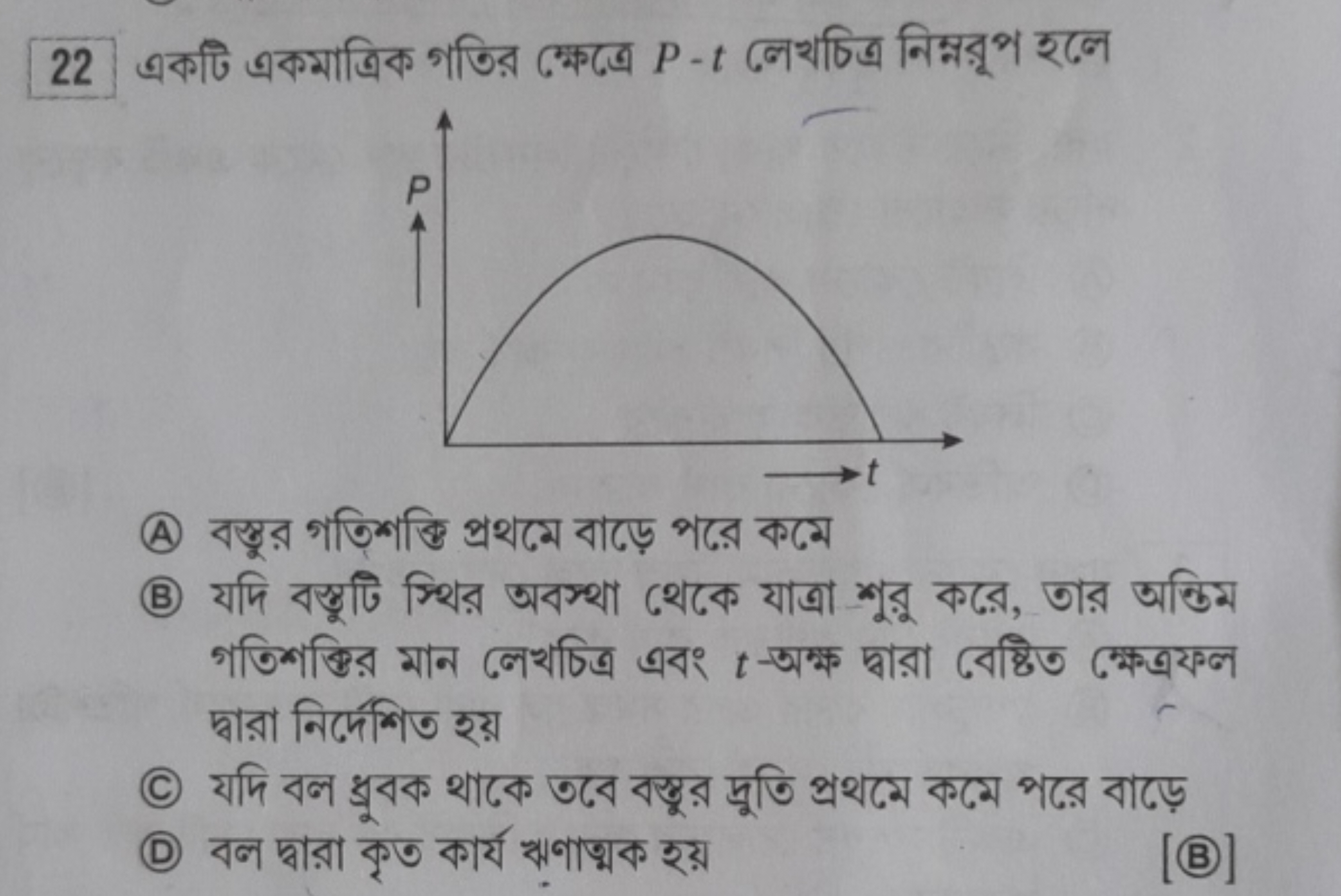 22 একটি একমাত্রিক গতির ক্ষেত্রে P−t লেখচিত্র নিম্নরুপ হলে
(A) বস্তুর গ