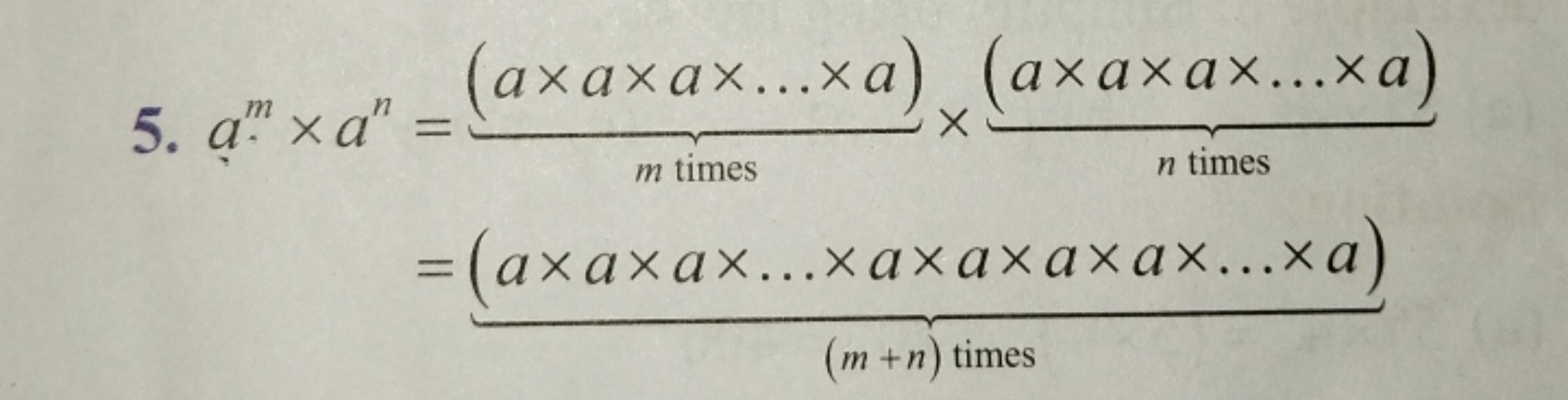 5. am×an​=m times (a×a×a×…×a)​​×n times (a×a×a×…×a)​​=(m+n) times (a×a