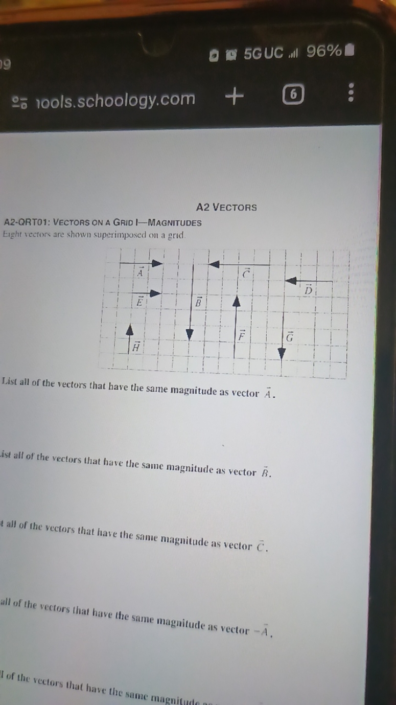 - 5GUC M 96\%
๑- rools.schoology.com
+
6
A2 VECTORS
A2-QRT01: VECTORS 