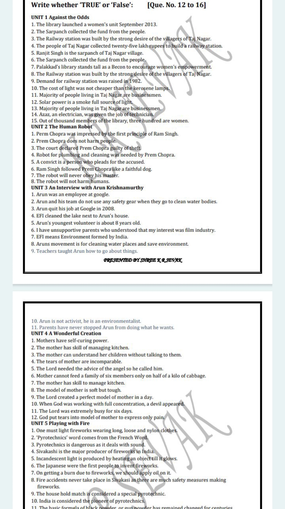 Write whether 'TRUE' or 'False':
[Que. No. 12 to 16]
UNIT 1 Against th