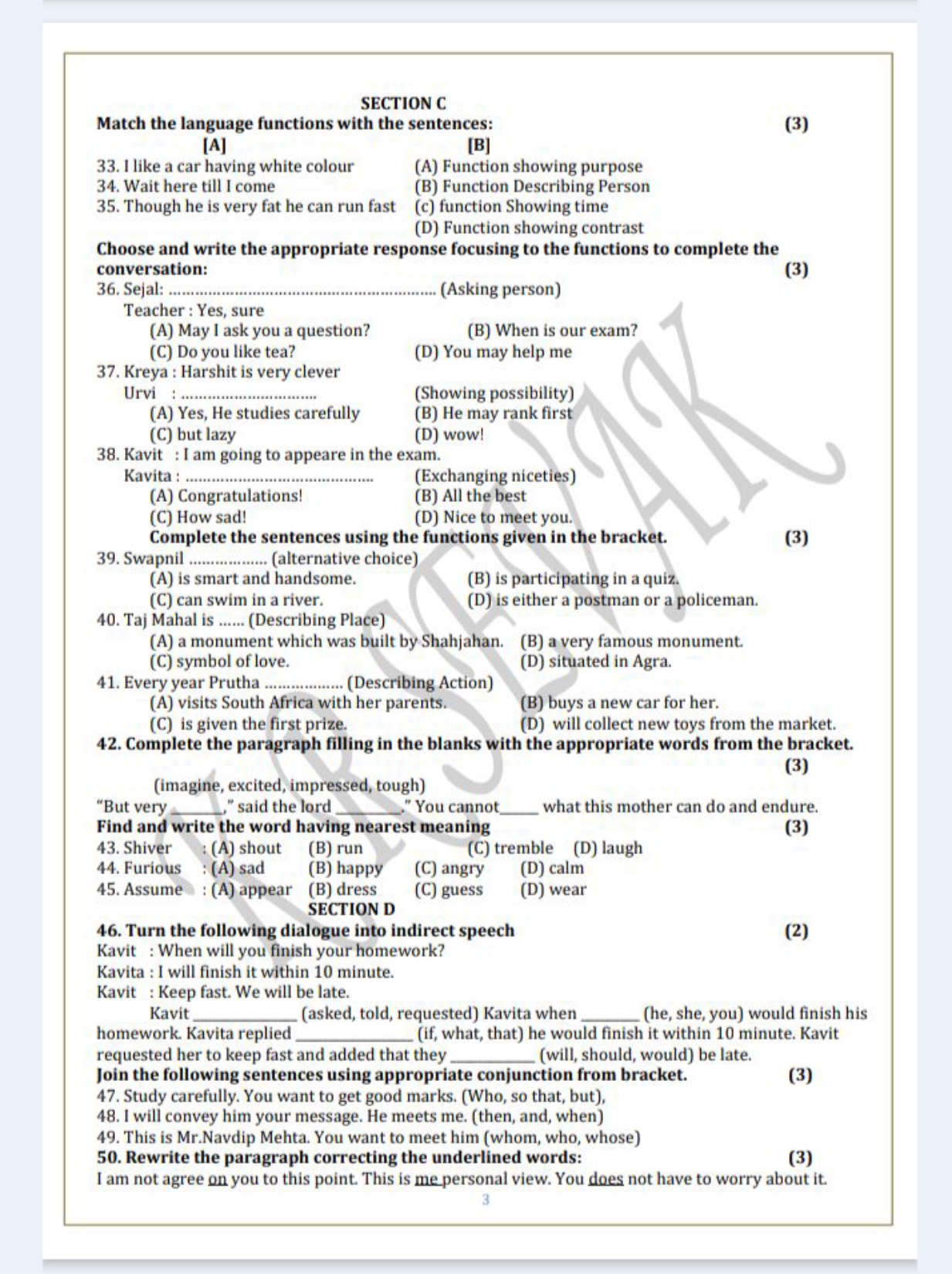 SECTION C
Match the language functions with the sentences:
(3)
[A]
[B]