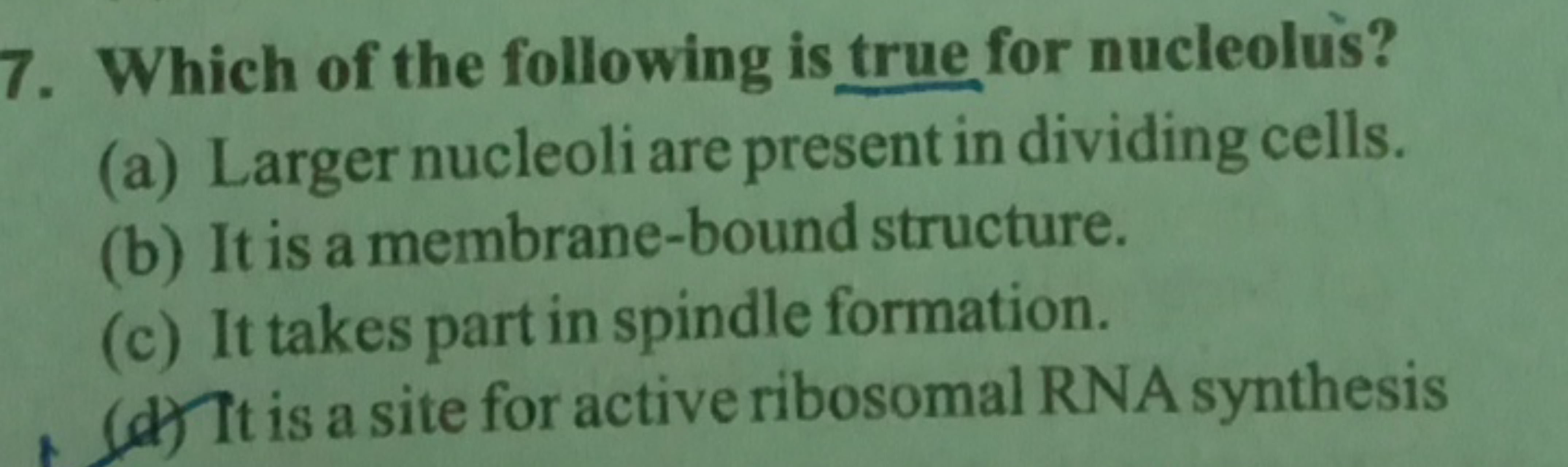 7. Which of the following is true for nucleolus?
(a) Larger nucleoli a