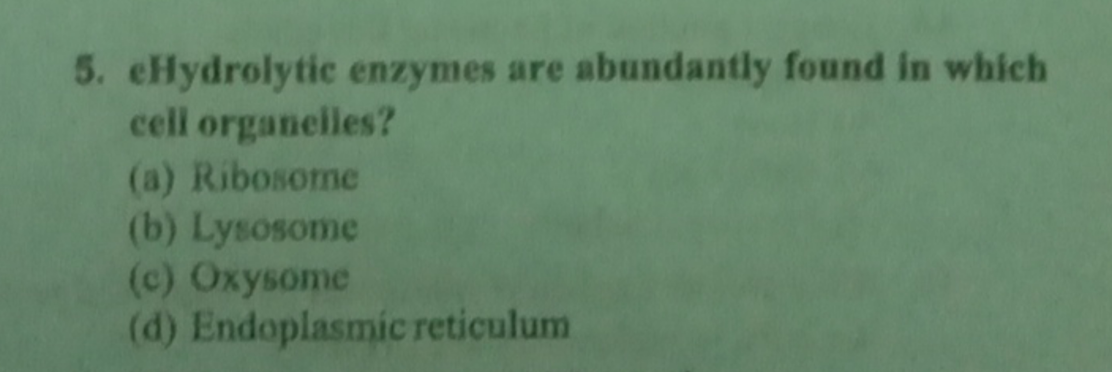 5. eHydrolytic enzymes are abundantly found in which cell organelies?
