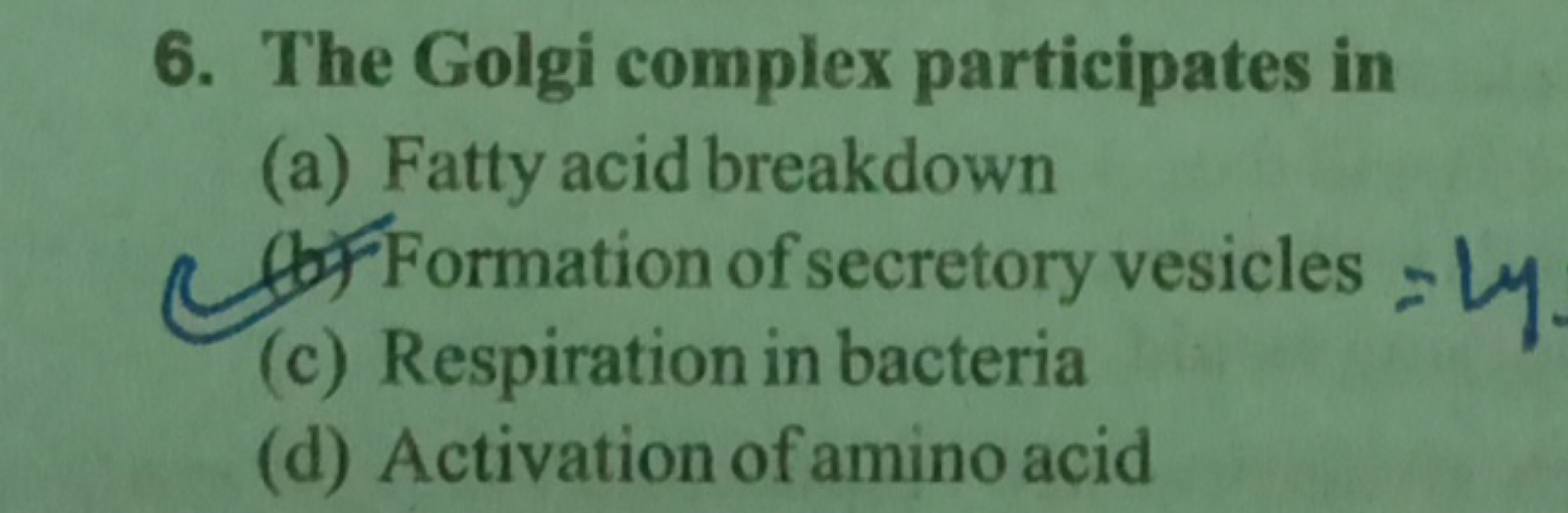 6. The Golgi complex participates in
(a) Fatty acid breakdown
(c) Form