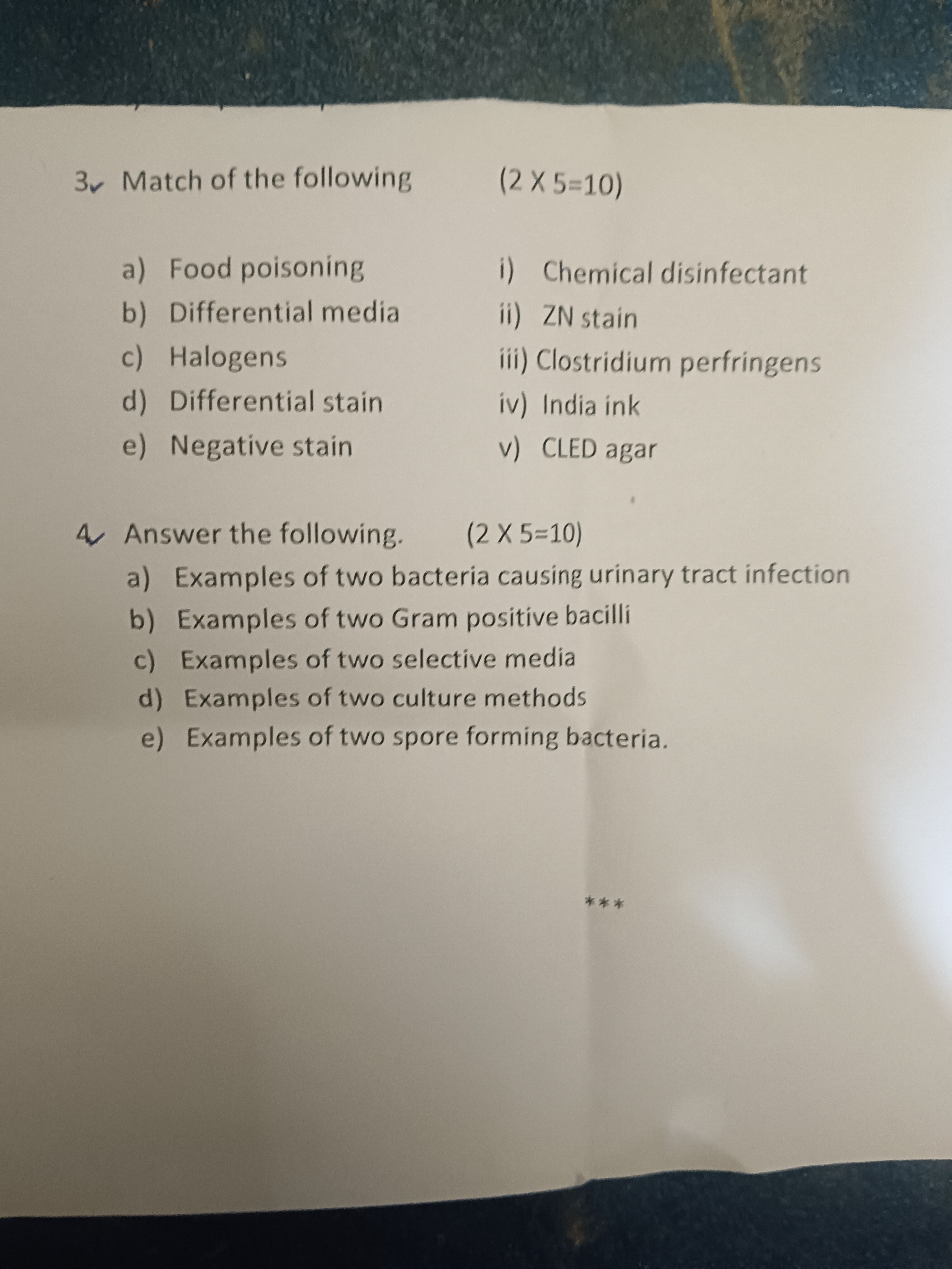 3✓ Match of the following
(2×5=10)
a) Food poisoning
i) Chemical disin