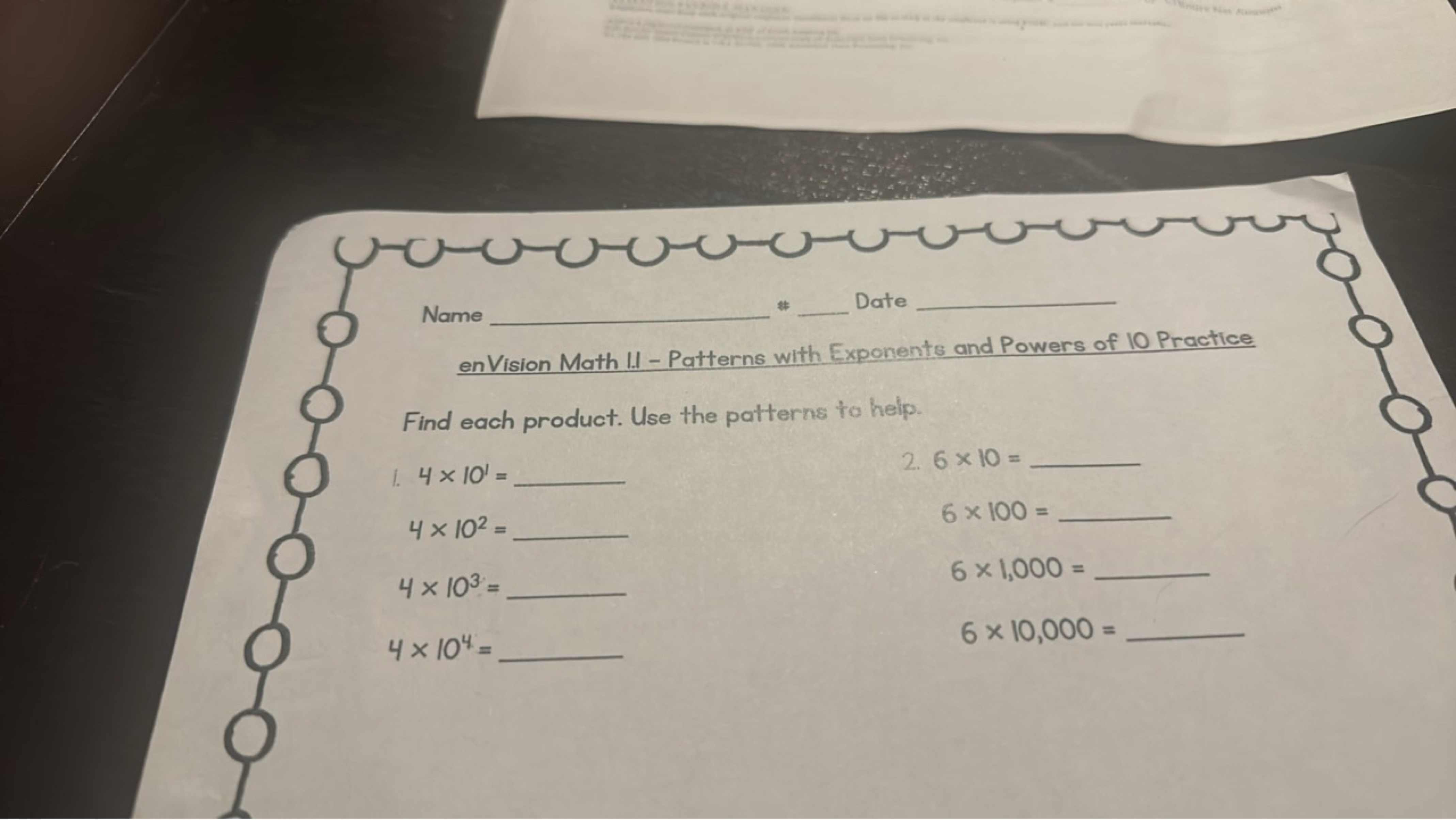 Name  *  Date 
enVision Math 1.1 - Patterns with Exponents and Powers 