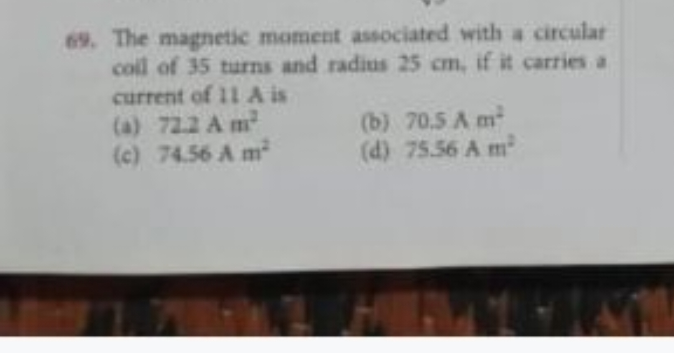 69. The magnetic mament associated with a circular coll of 35 turns an