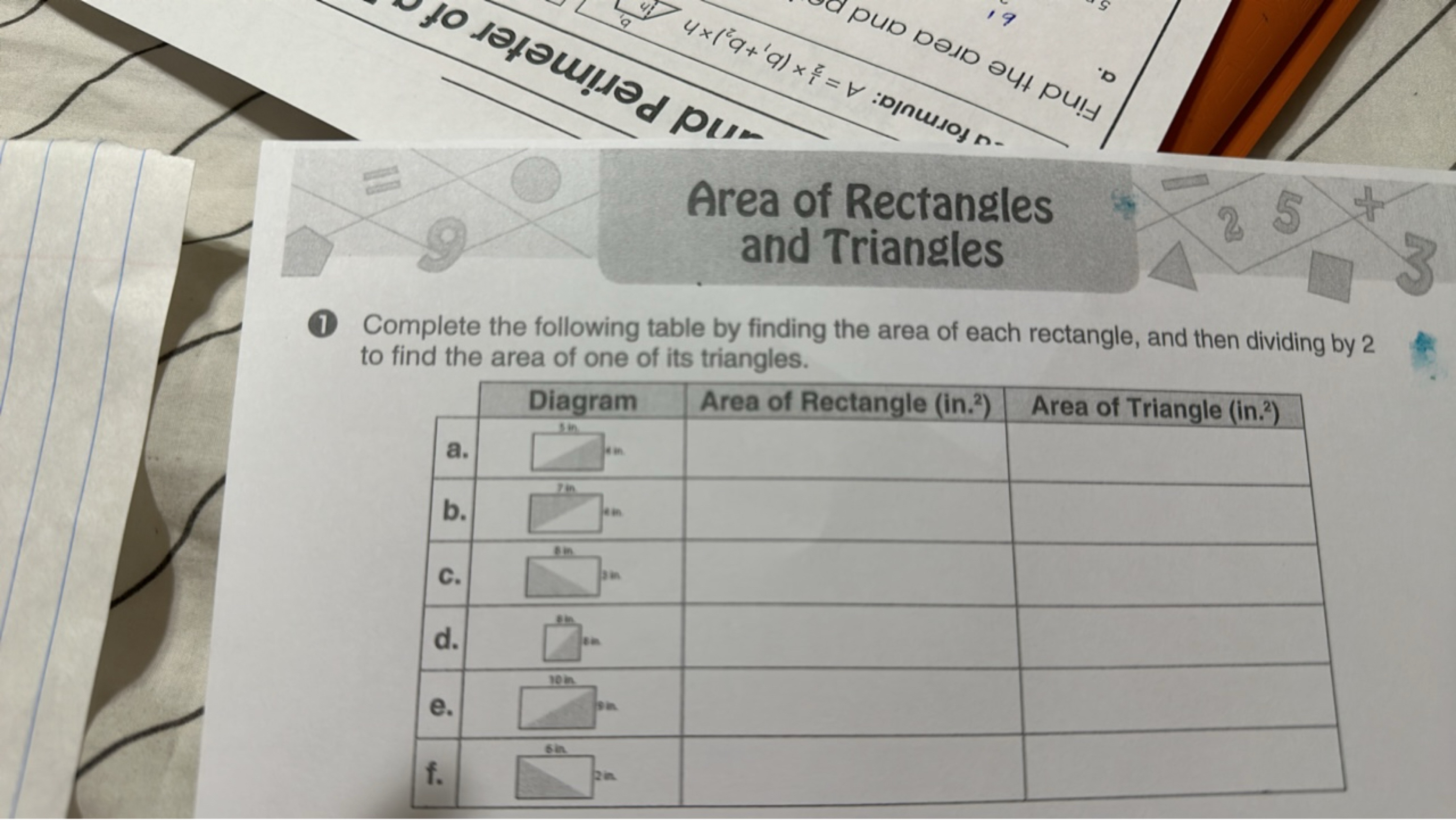 Area of Rectangles and Triangles
(1) Complete the following table by f