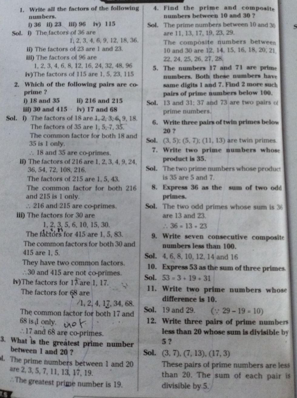 1. Write all the factors of the following numbers.
i) 36
if) 23
iii) 9