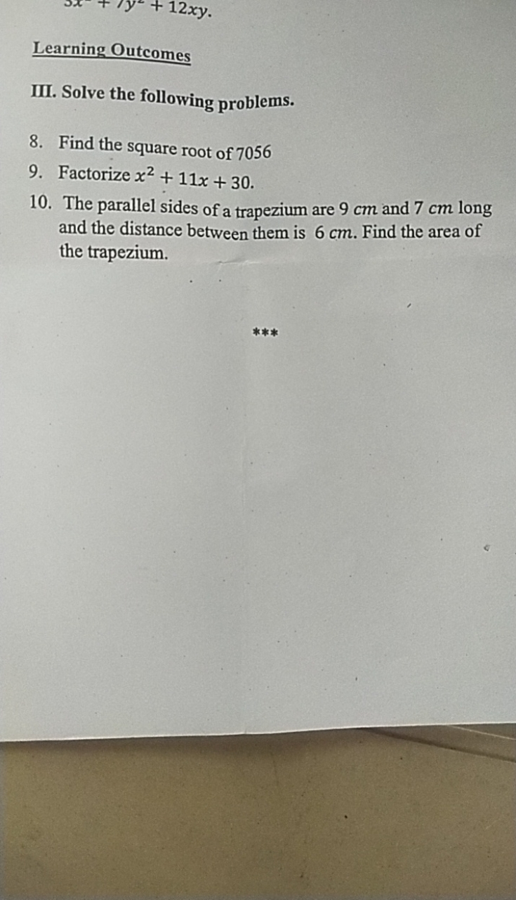 Learning Outcomes
III. Solve the following problems.
8. Find the squar