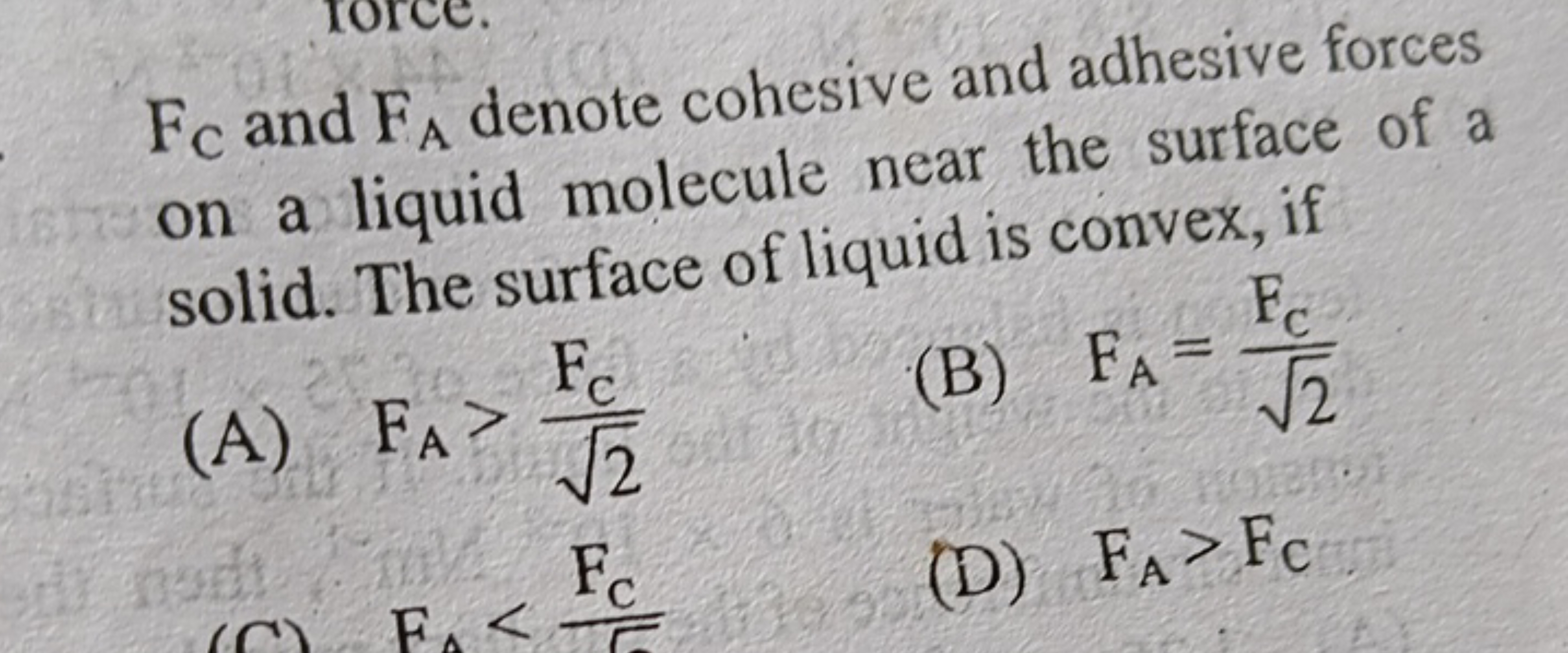 FC​ and FA​ denote cohesive and adhesive forces on a liquid molecule n