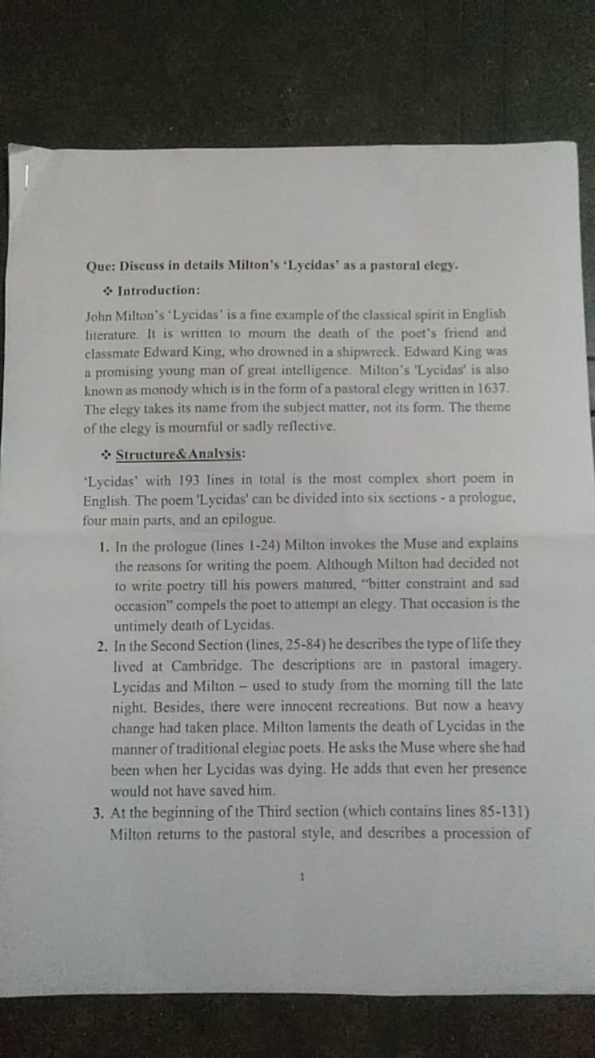 Que: Discuss in details Milton's 'Lycidas' as a pastoral elegy.
∴ Intr