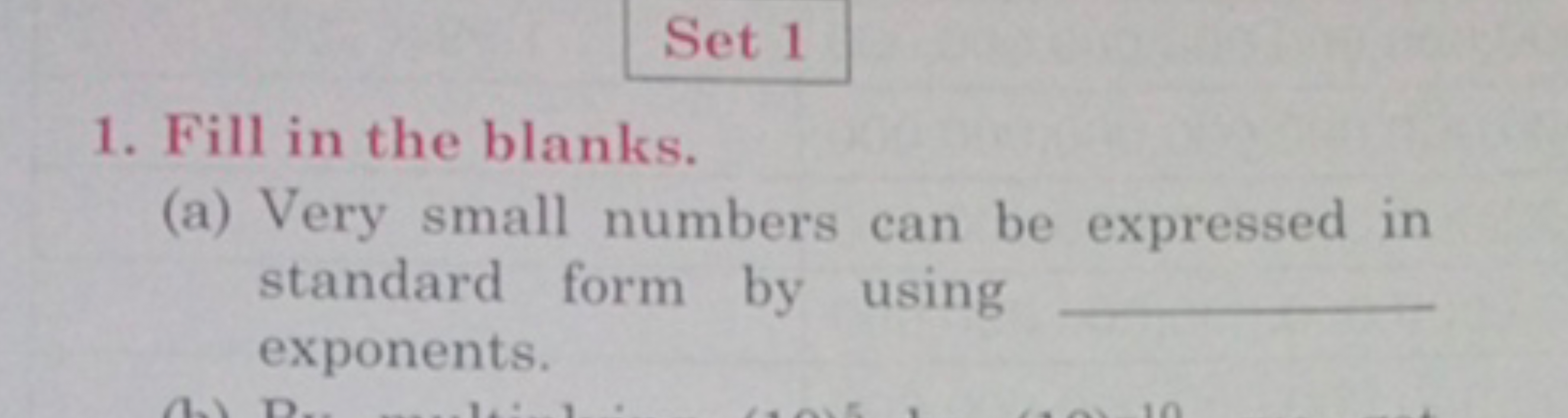 Set 1
1. Fill in the blanks.
(a) Very small numbers can be expressed i